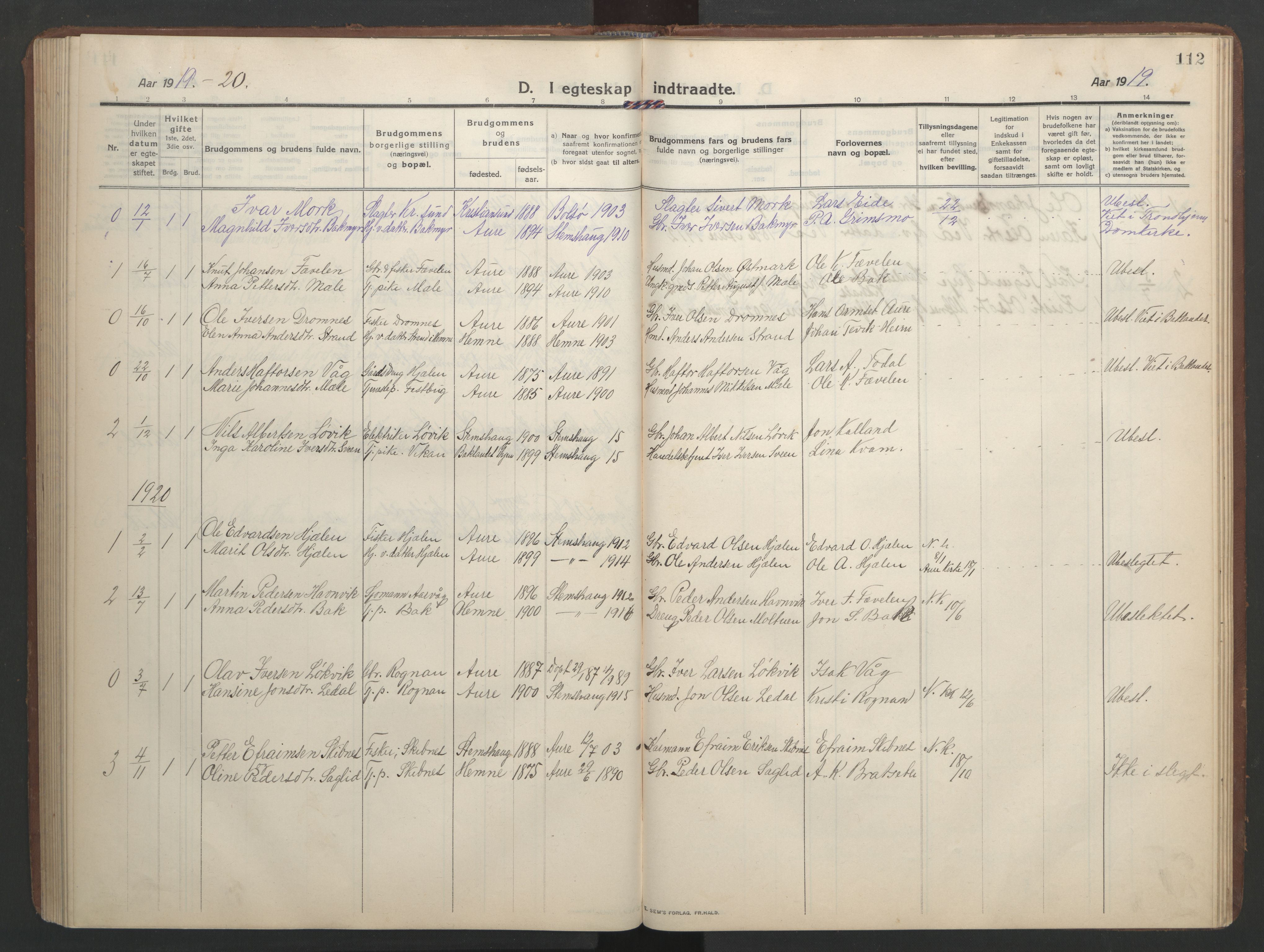 Ministerialprotokoller, klokkerbøker og fødselsregistre - Møre og Romsdal, SAT/A-1454/579/L0919: Klokkerbok nr. 579C01, 1909-1957, s. 112