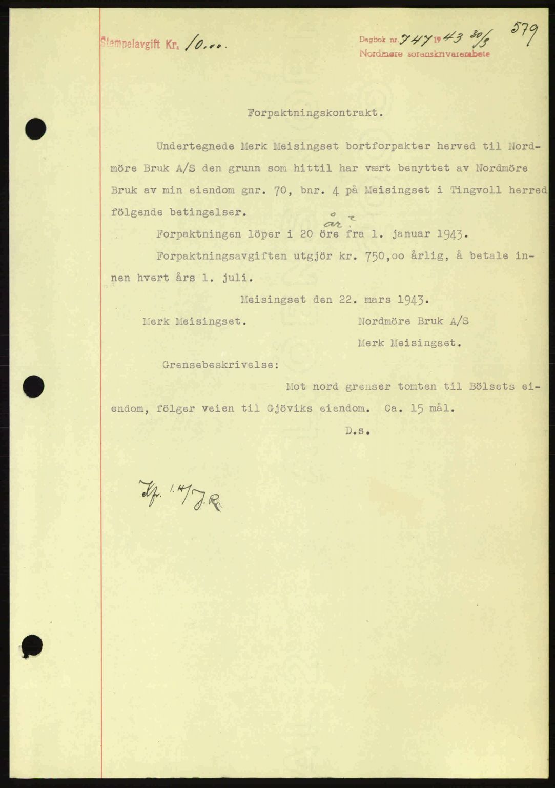 Nordmøre sorenskriveri, SAT/A-4132/1/2/2Ca: Pantebok nr. B90, 1942-1943, Dagboknr: 747/1943