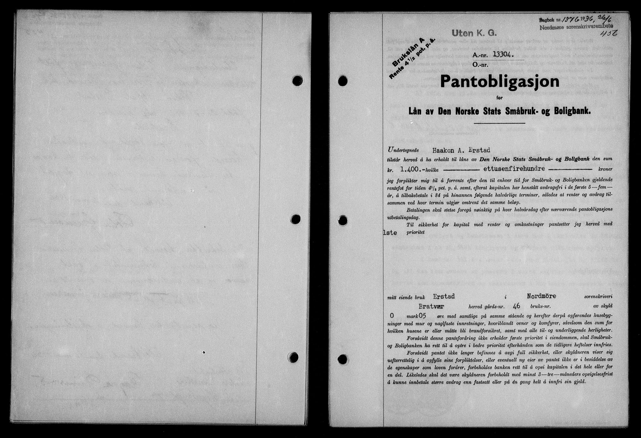 Nordmøre sorenskriveri, AV/SAT-A-4132/1/2/2Ca/L0088: Pantebok nr. 78, 1936-1936, Dagboknr: 1376/1936