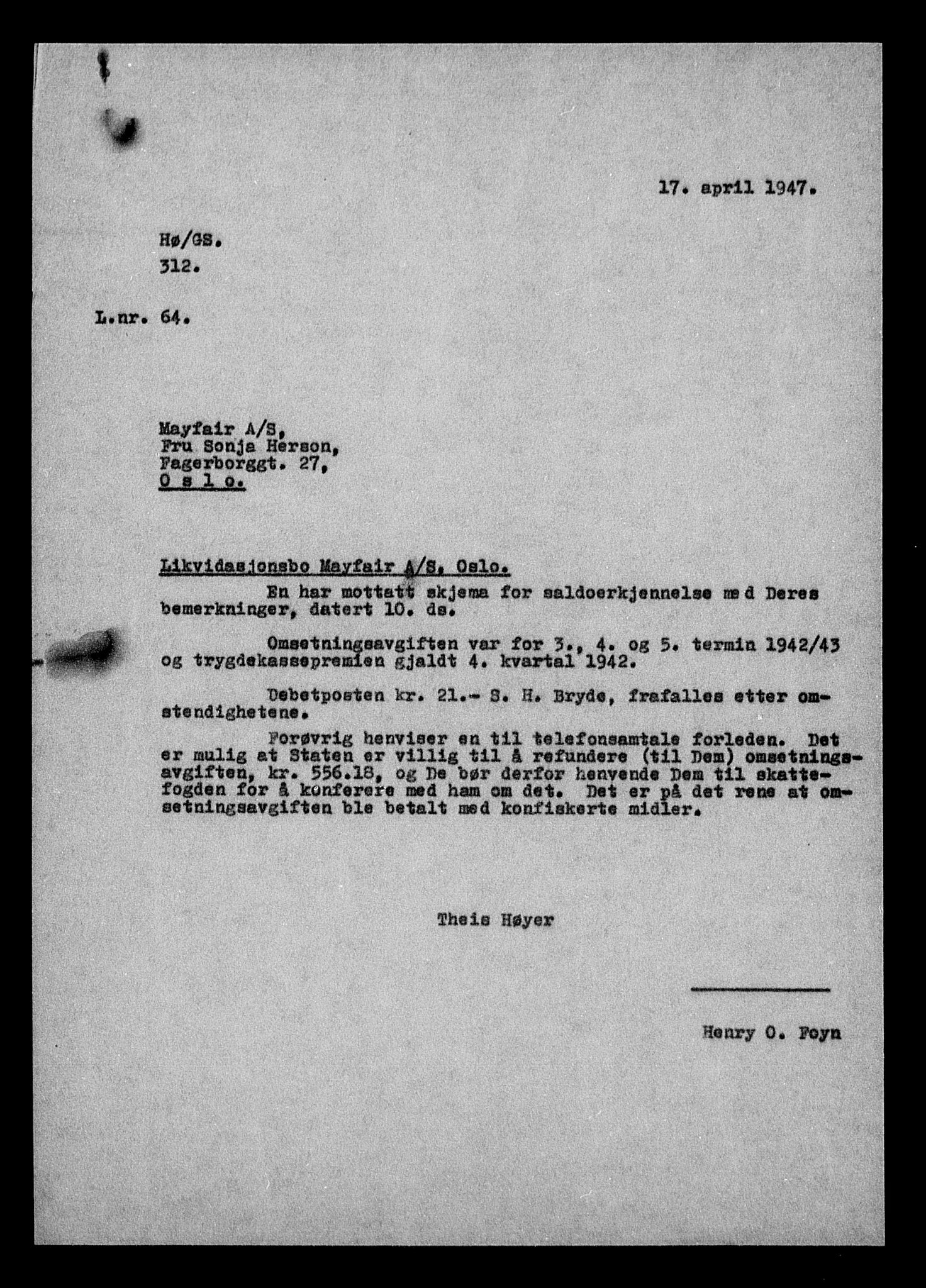 Justisdepartementet, Tilbakeføringskontoret for inndratte formuer, AV/RA-S-1564/H/Hc/Hcc/L0962: --, 1945-1947, s. 747