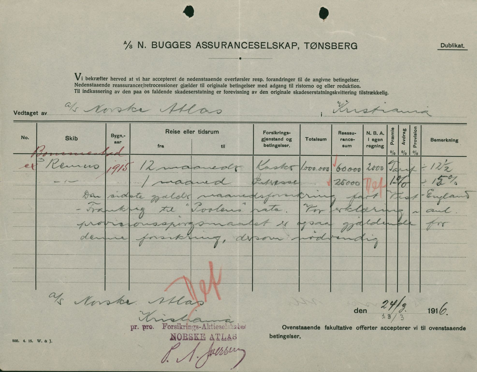 Pa 664 - Tønsberg Sjøforsikringsselskap, VEMU/A-1773/F/L0001: Forsikringspoliser, 1915-1918