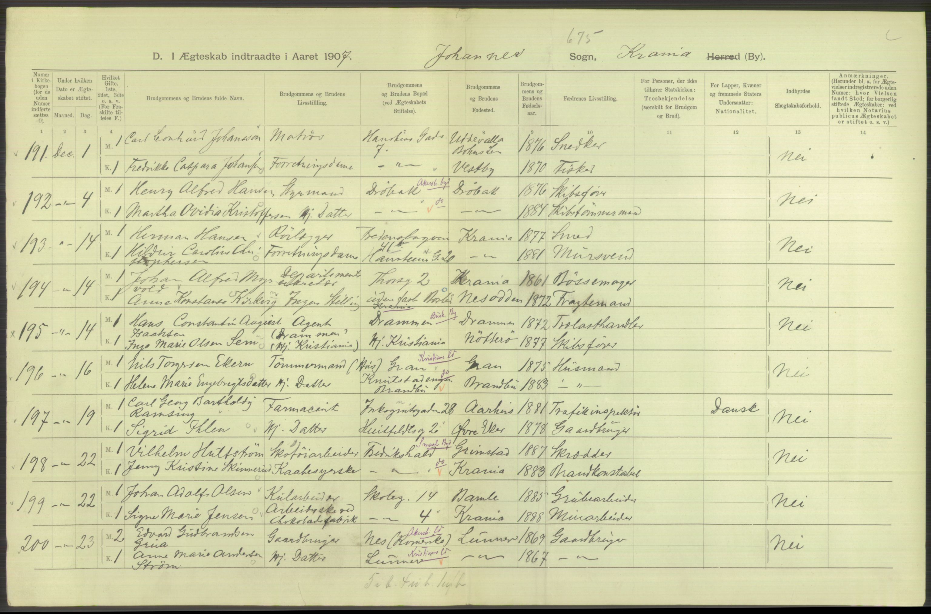 Statistisk sentralbyrå, Sosiodemografiske emner, Befolkning, AV/RA-S-2228/D/Df/Dfa/Dfae/L0008: Kristiania: Gifte, 1907, s. 140