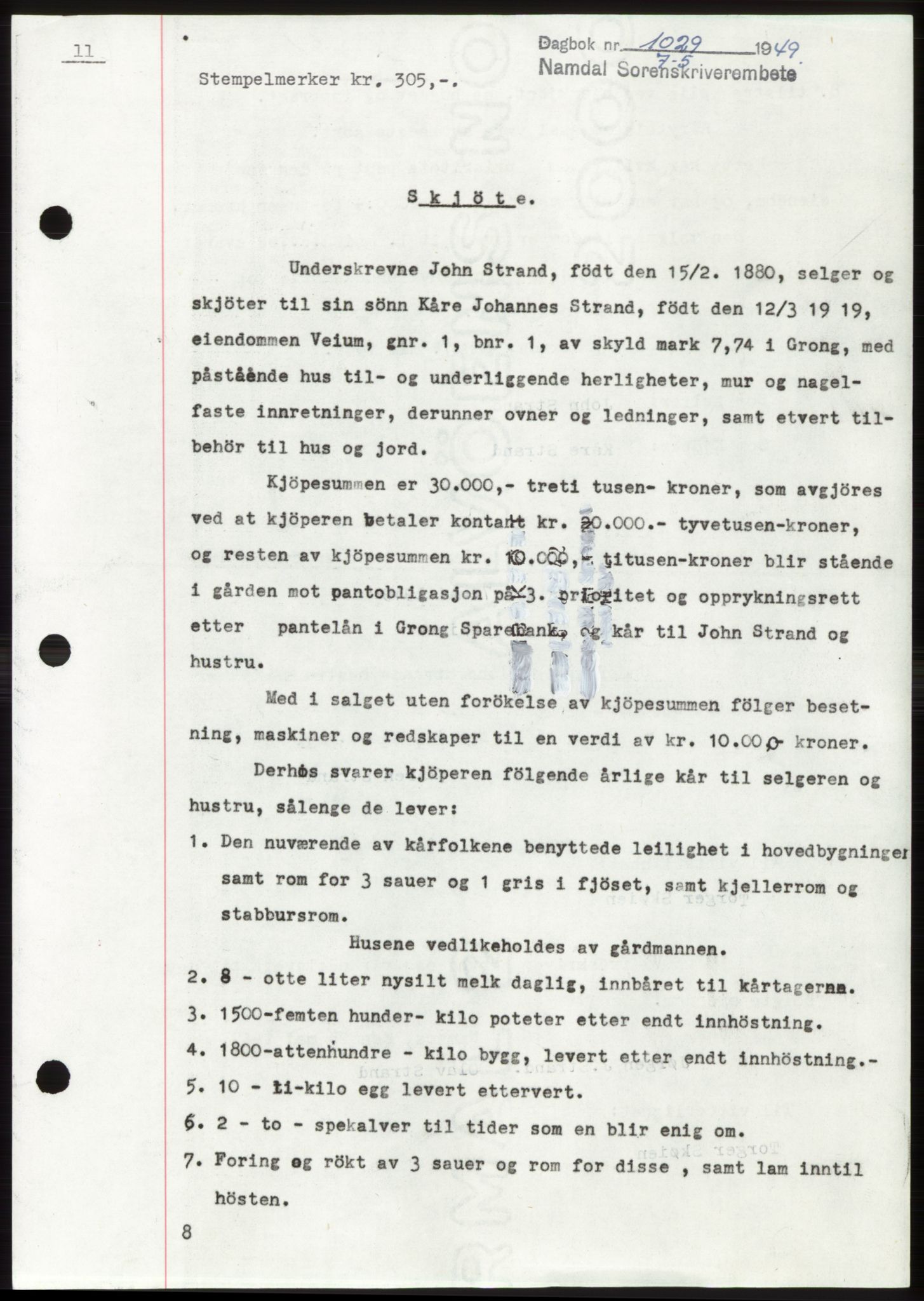 Namdal sorenskriveri, SAT/A-4133/1/2/2C: Pantebok nr. -, 1949-1949, Dagboknr: 1029/1949