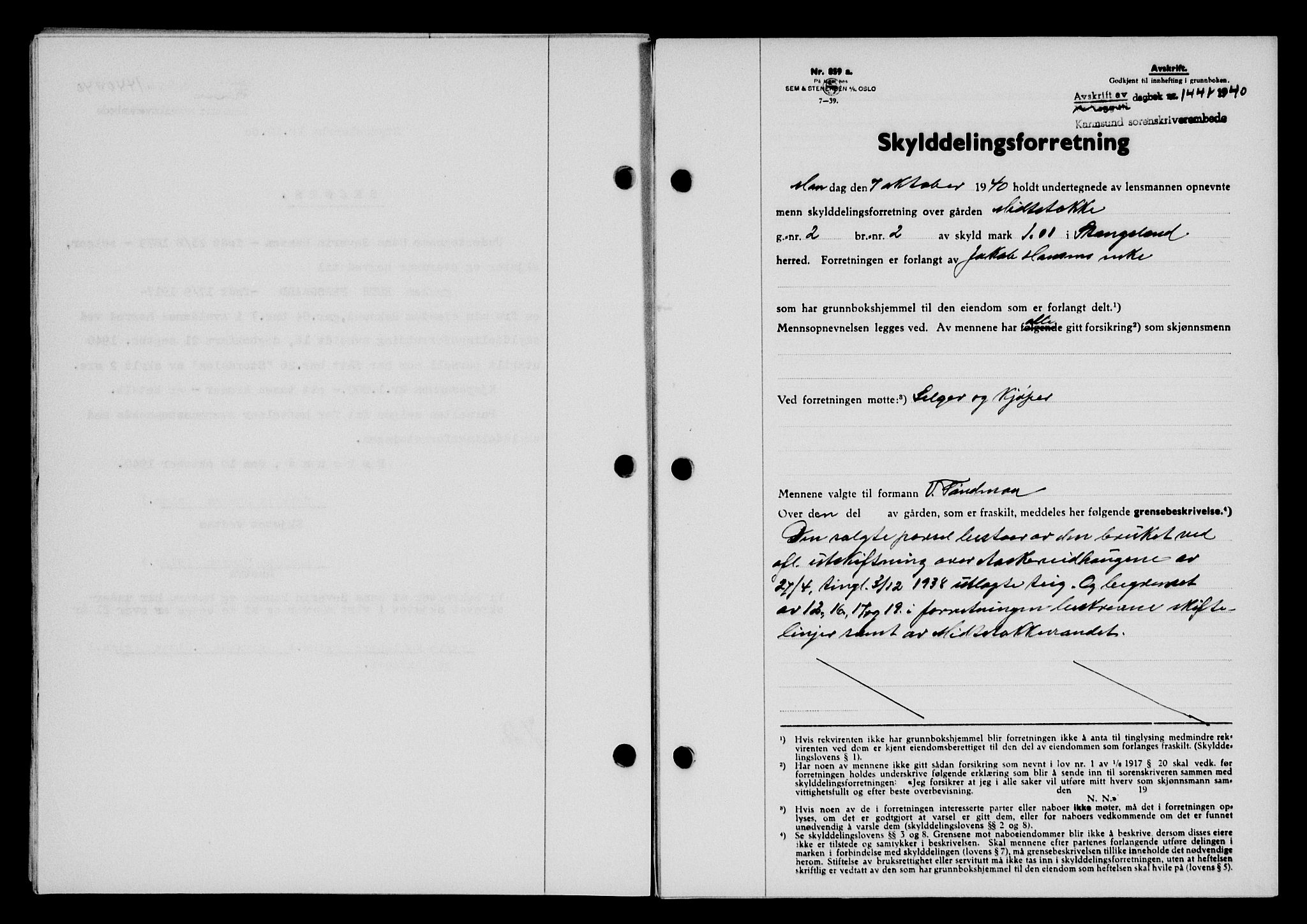 Karmsund sorenskriveri, SAST/A-100311/01/II/IIB/L0074: Pantebok nr. 55A, 1940-1941, Dagboknr: 1441/1940