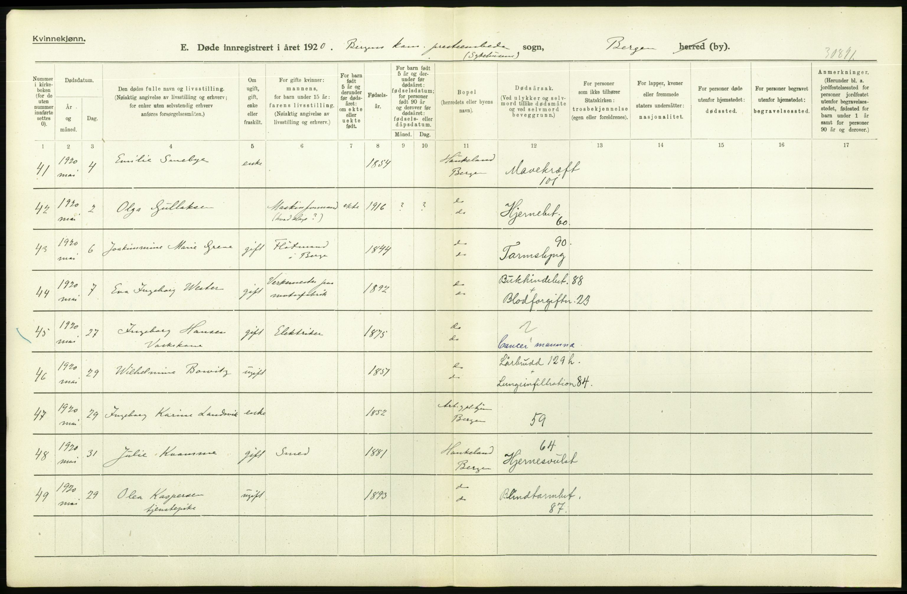 Statistisk sentralbyrå, Sosiodemografiske emner, Befolkning, AV/RA-S-2228/D/Df/Dfb/Dfbj/L0042: Bergen: Gifte, døde, dødfødte., 1920, s. 368