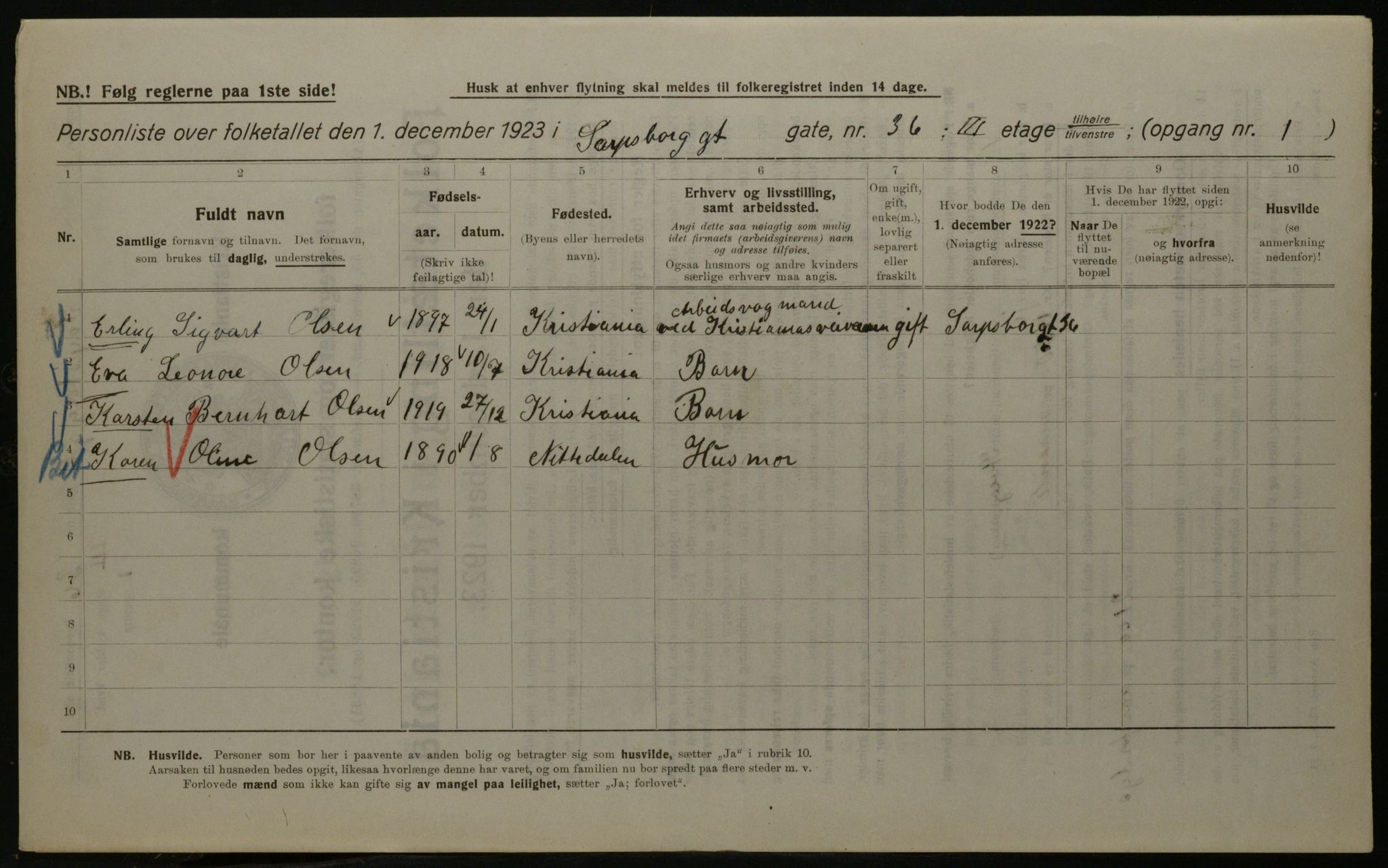 OBA, Kommunal folketelling 1.12.1923 for Kristiania, 1923, s. 98995