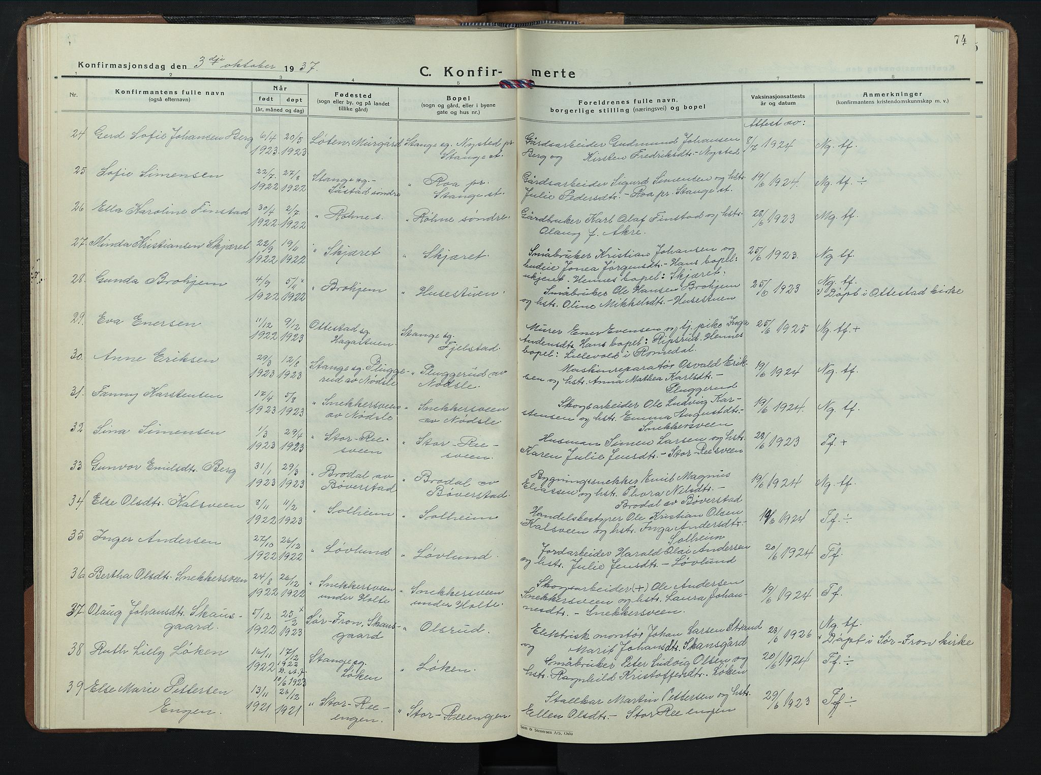 Stange prestekontor, AV/SAH-PREST-002/L/L0020: Klokkerbok nr. 20, 1936-1947, s. 74
