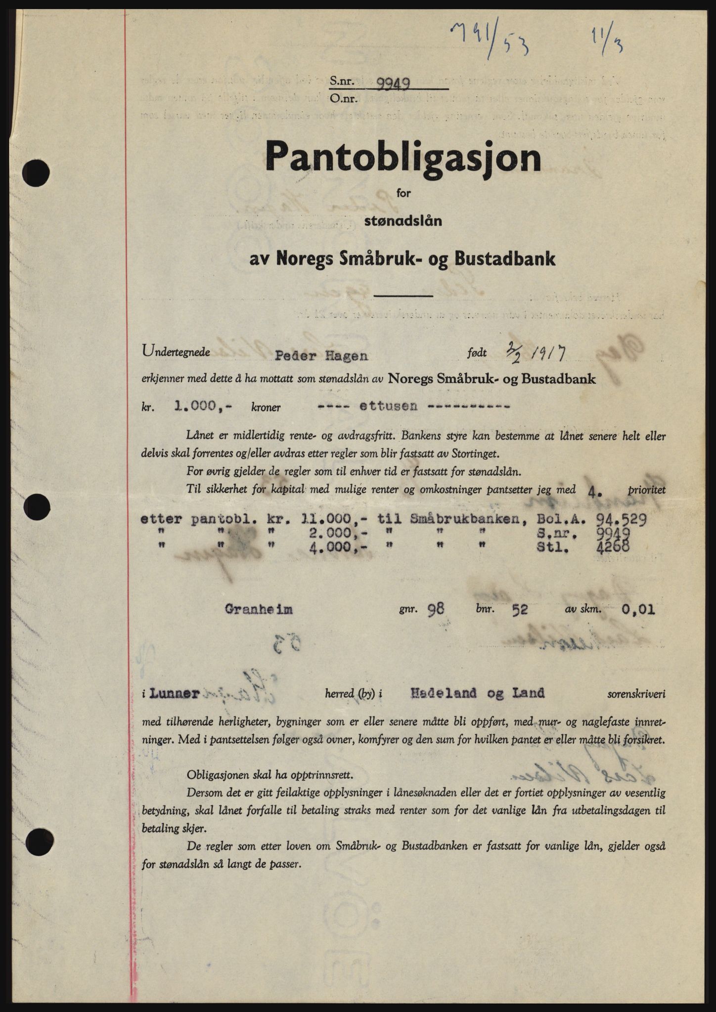 Hadeland og Land tingrett, SAH/TING-010/H/Hb/Hbc/L0026: Pantebok nr. B26, 1953-1953, Dagboknr: 791/1953