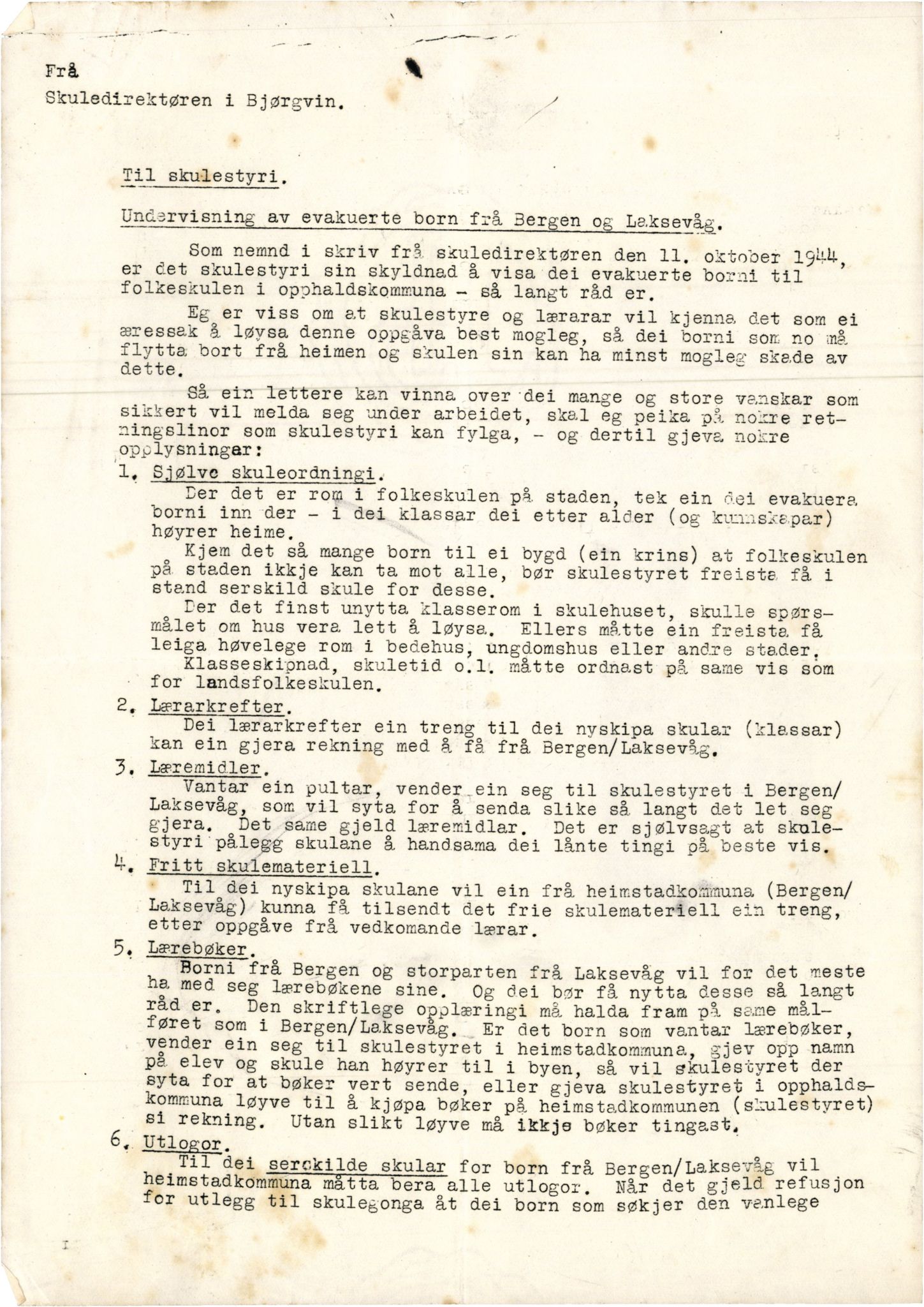 Alversund kommune. Skulestyret, IKAH/1257-211/E/Ea/L0009/0001: Undervisning A - Å / Evakuerte born under krigen. Undervisning, 1944-1945, s. 1