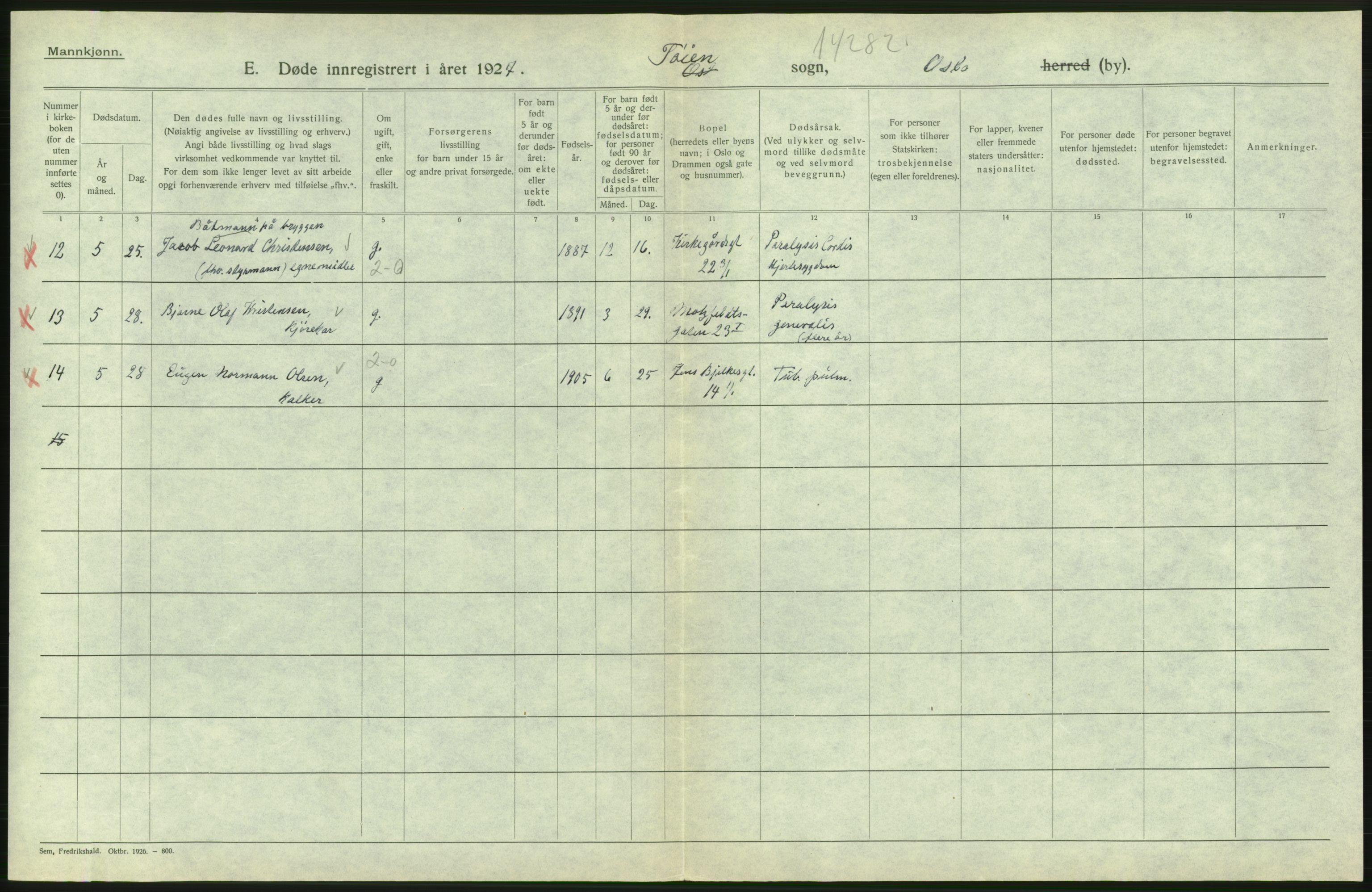 Statistisk sentralbyrå, Sosiodemografiske emner, Befolkning, AV/RA-S-2228/D/Df/Dfc/Dfcg/L0009: Oslo: Døde menn, 1927, s. 604