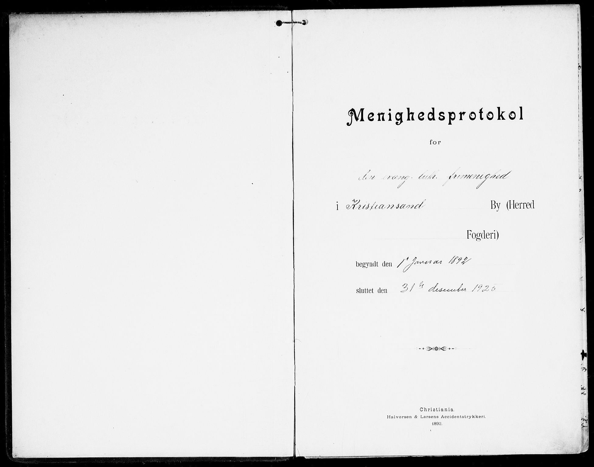 Den evangelisk-lutherske frikirke, Kristiansand, SAK/1292-0017/F/Fa/L0003: Dissenterprotokoll nr. F 11, 1892-1925