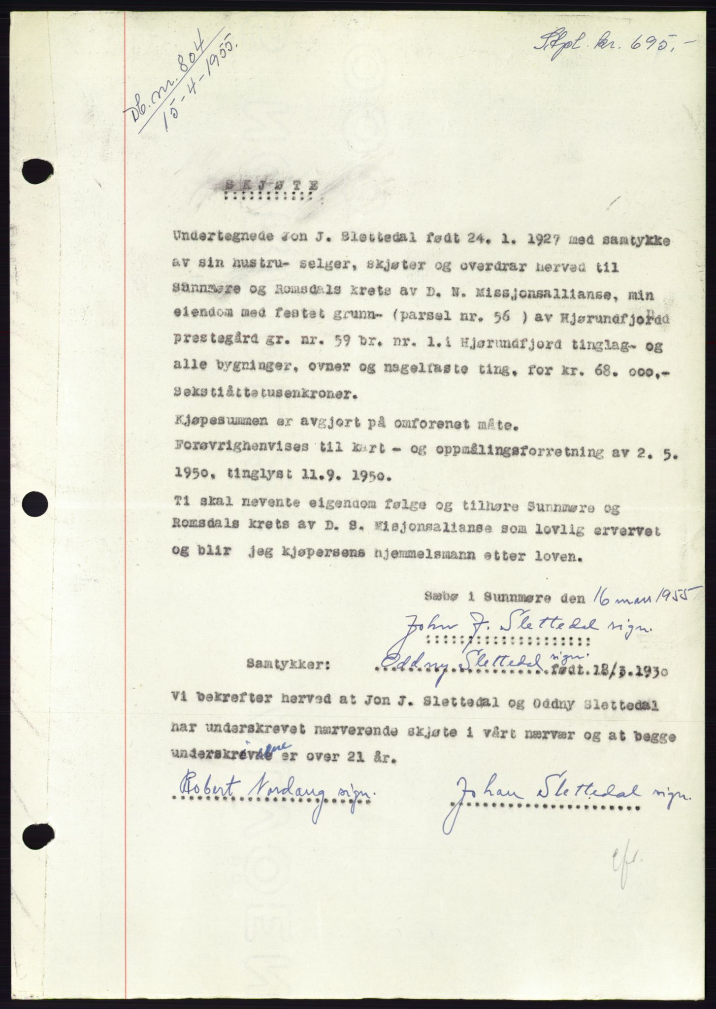 Søre Sunnmøre sorenskriveri, SAT/A-4122/1/2/2C/L0100: Pantebok nr. 26A, 1954-1955, Dagboknr: 804/1955