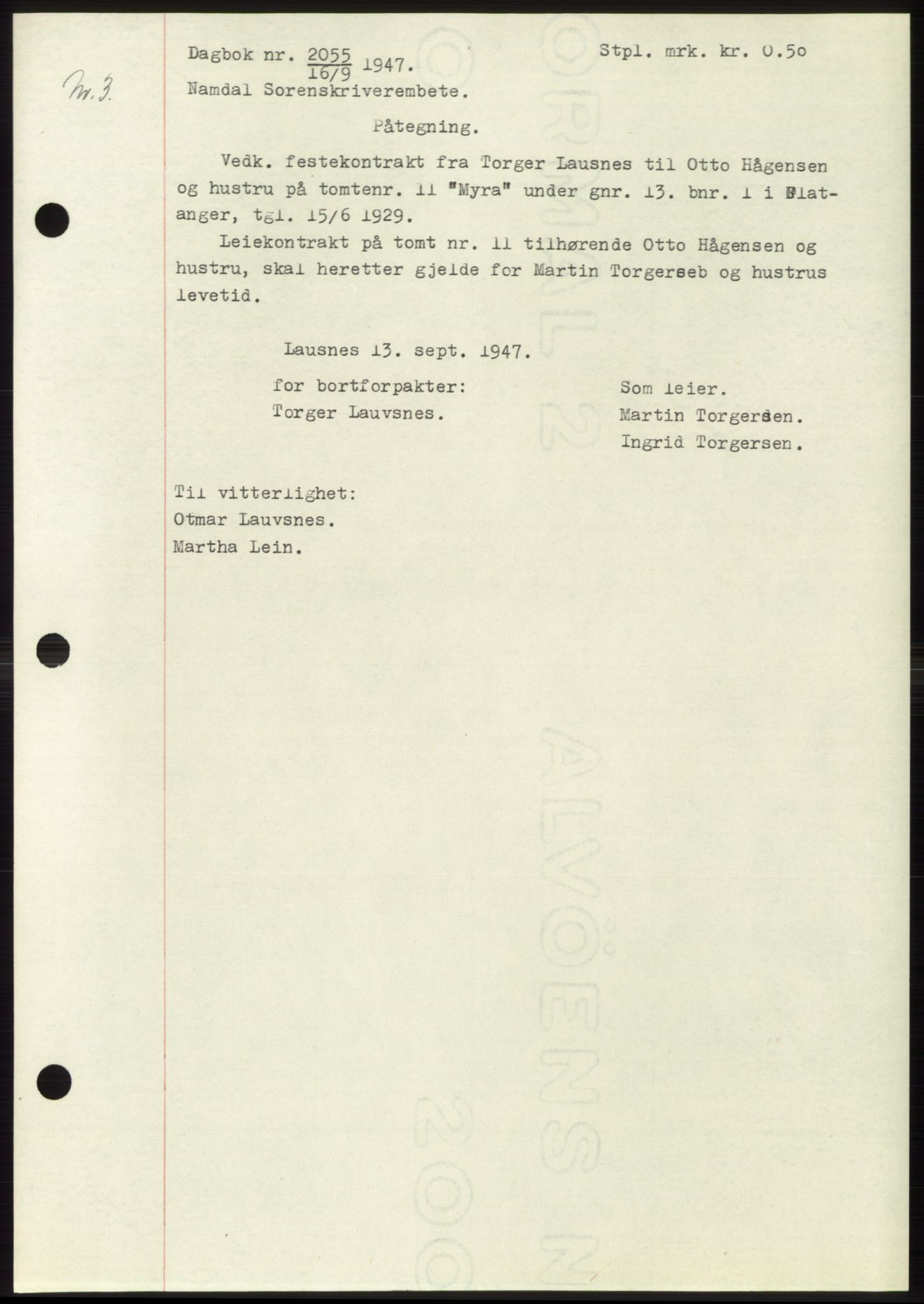 Namdal sorenskriveri, SAT/A-4133/1/2/2C: Pantebok nr. -, 1947-1947, Dagboknr: 2055/1947