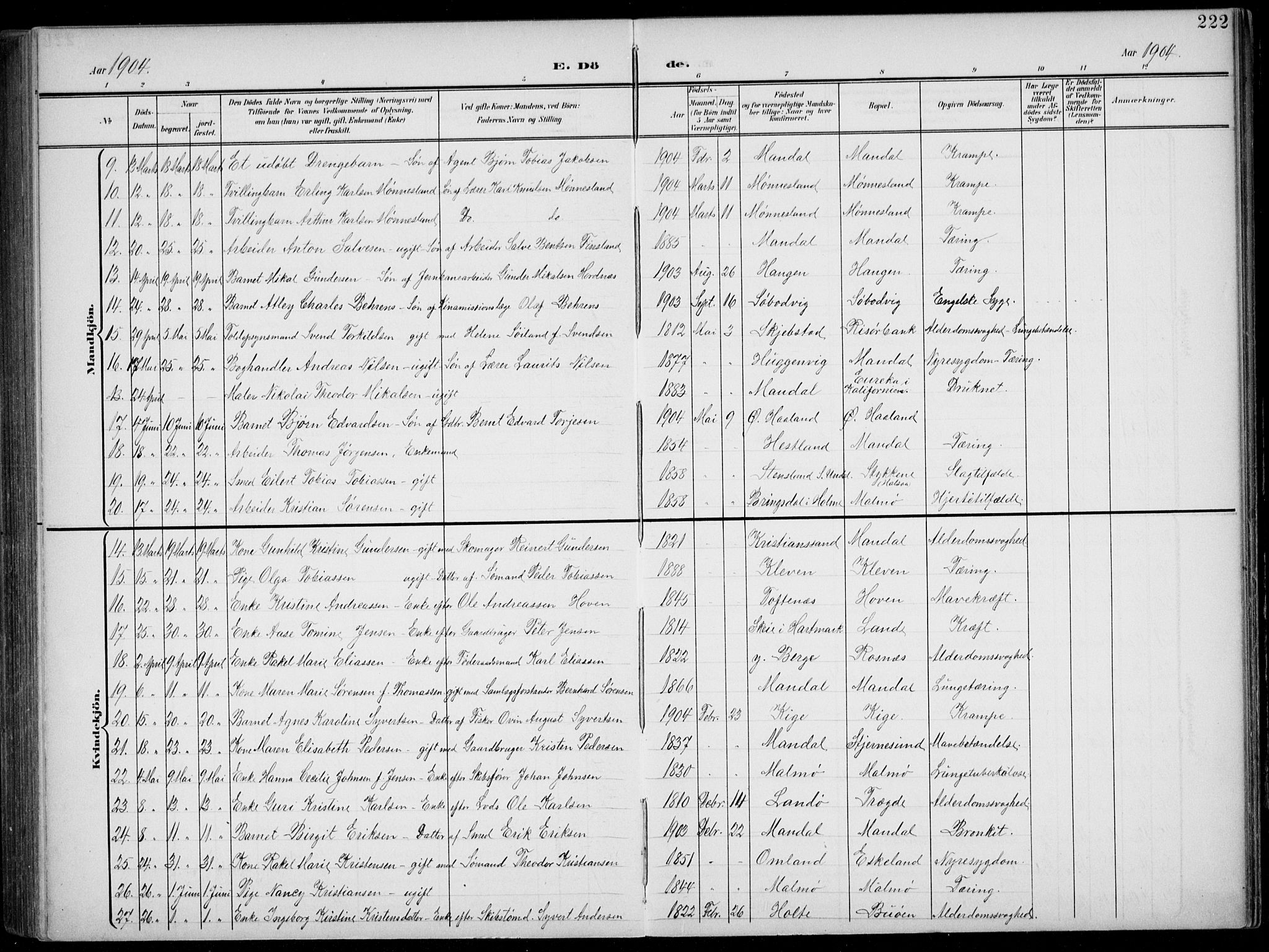 Mandal sokneprestkontor, AV/SAK-1111-0030/F/Fb/Fba/L0012: Klokkerbok nr. B 6, 1899-1918, s. 222