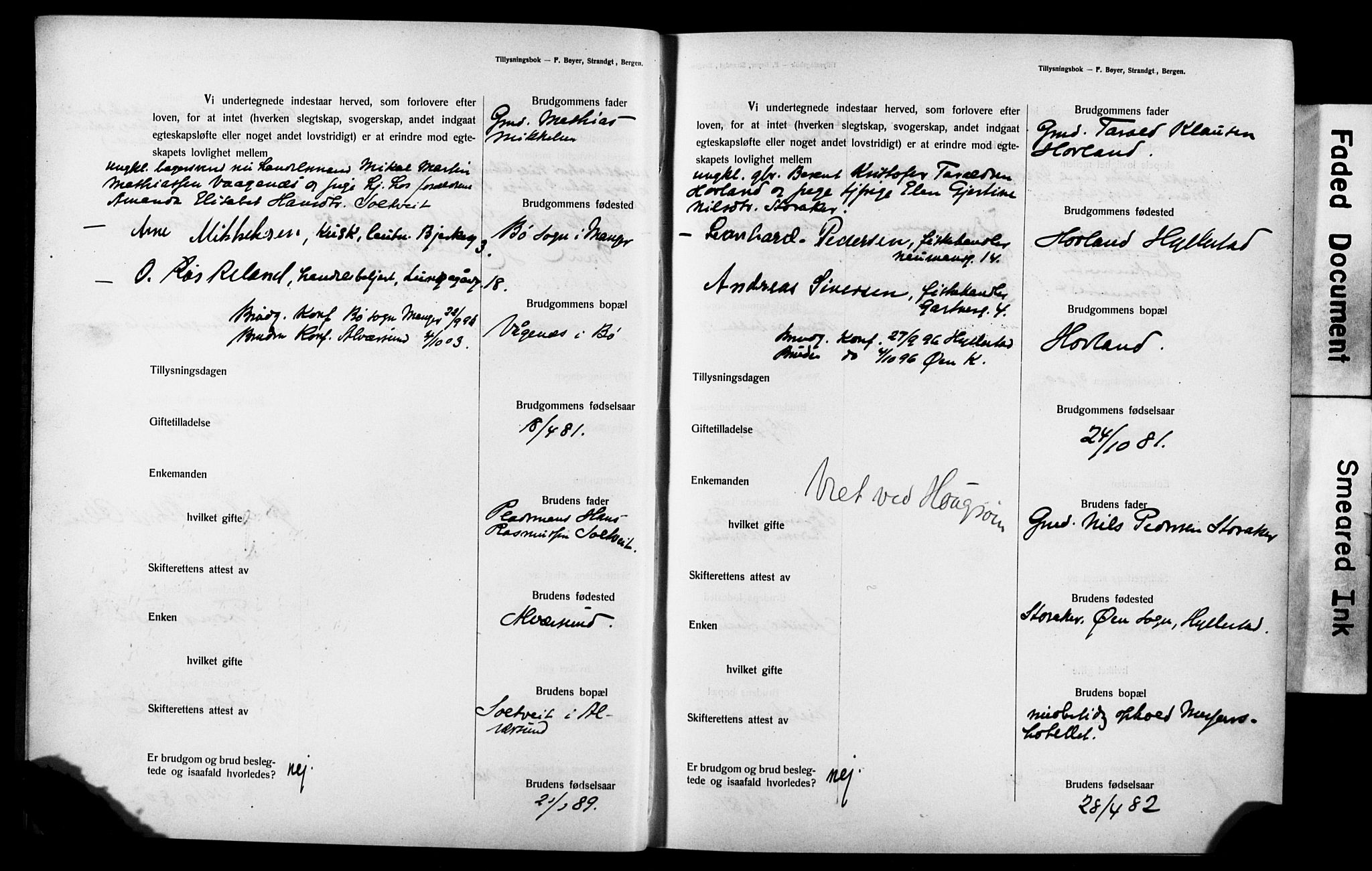 Mariakirken Sokneprestembete, SAB/A-76901: Forlovererklæringer nr. II.5.3, 1909-1917, s. 3