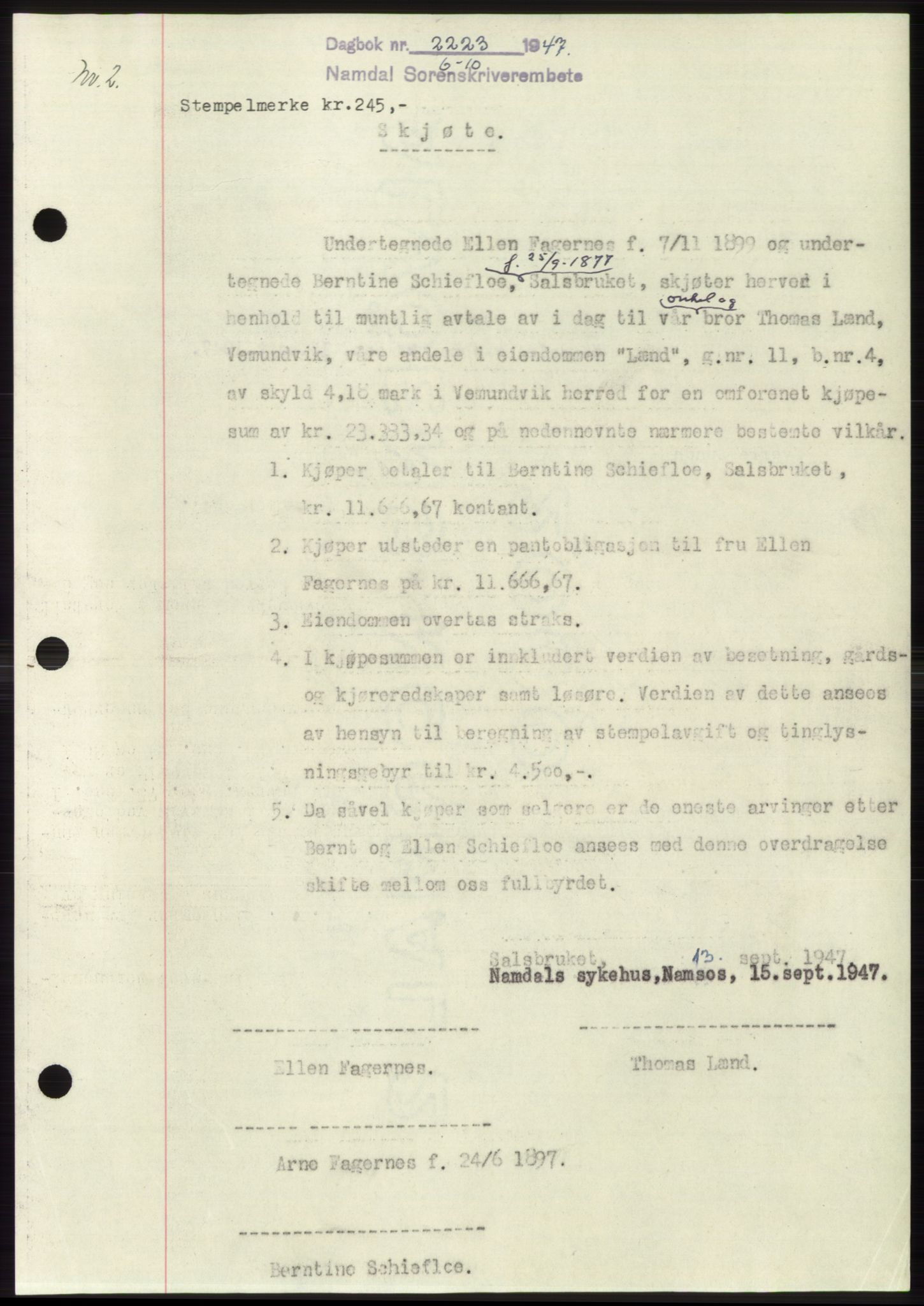 Namdal sorenskriveri, SAT/A-4133/1/2/2C: Pantebok nr. -, 1947-1947, Dagboknr: 2223/1947
