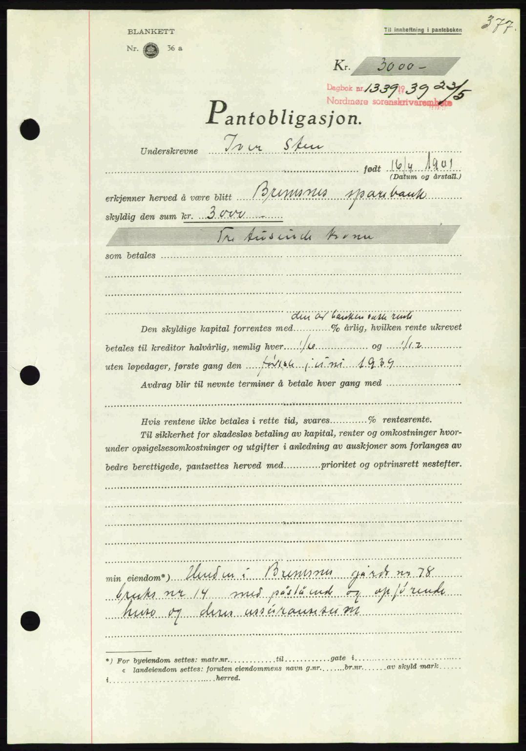 Nordmøre sorenskriveri, AV/SAT-A-4132/1/2/2Ca: Pantebok nr. B85, 1939-1939, Dagboknr: 1339/1939