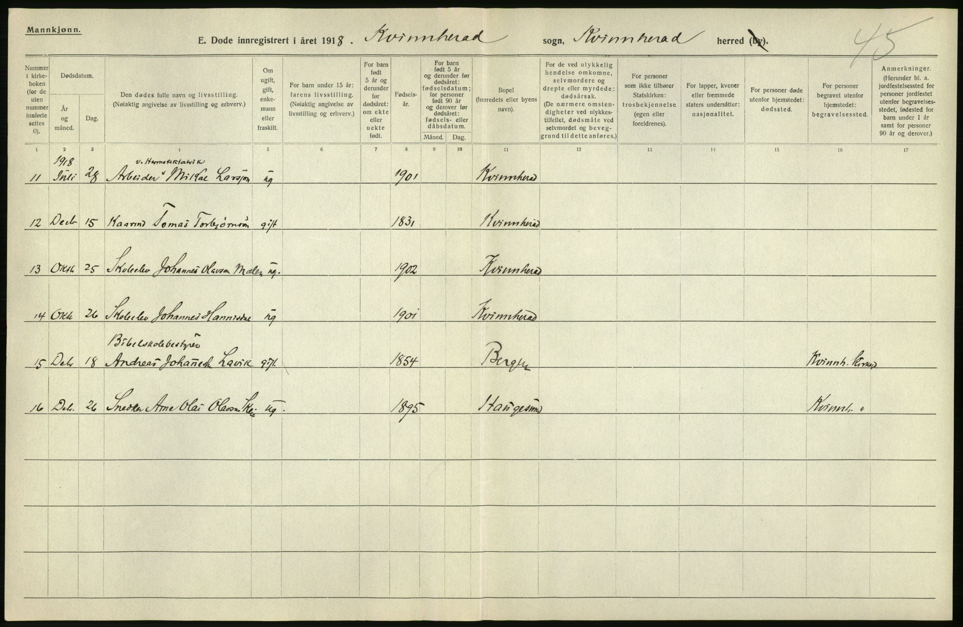 Statistisk sentralbyrå, Sosiodemografiske emner, Befolkning, AV/RA-S-2228/D/Df/Dfb/Dfbh/L0036: Hordaland fylke: Døde., 1918, s. 12