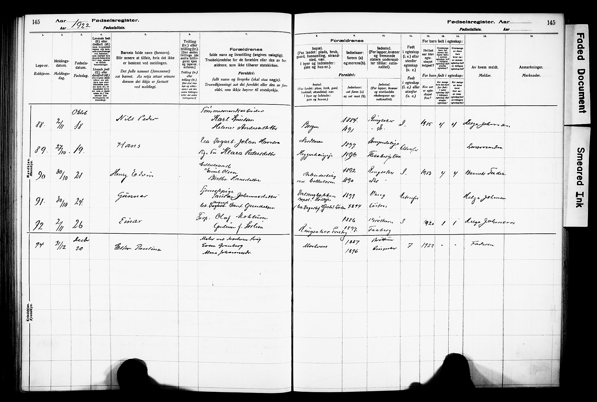 Ringsaker prestekontor, AV/SAH-PREST-014/O/Oa/L0001: Fødselsregister nr. 1, 1916-1925, s. 145