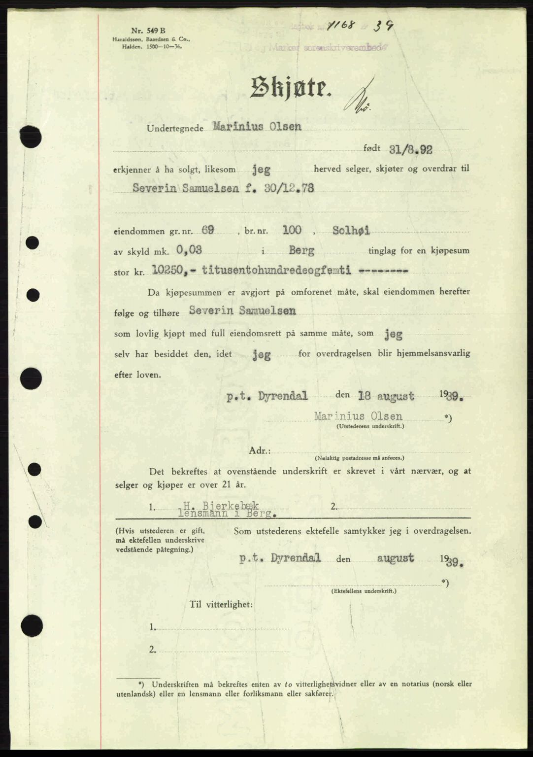 Idd og Marker sorenskriveri, AV/SAO-A-10283/G/Gb/Gbb/L0003: Pantebok nr. A3, 1938-1939, Dagboknr: 1168/1939