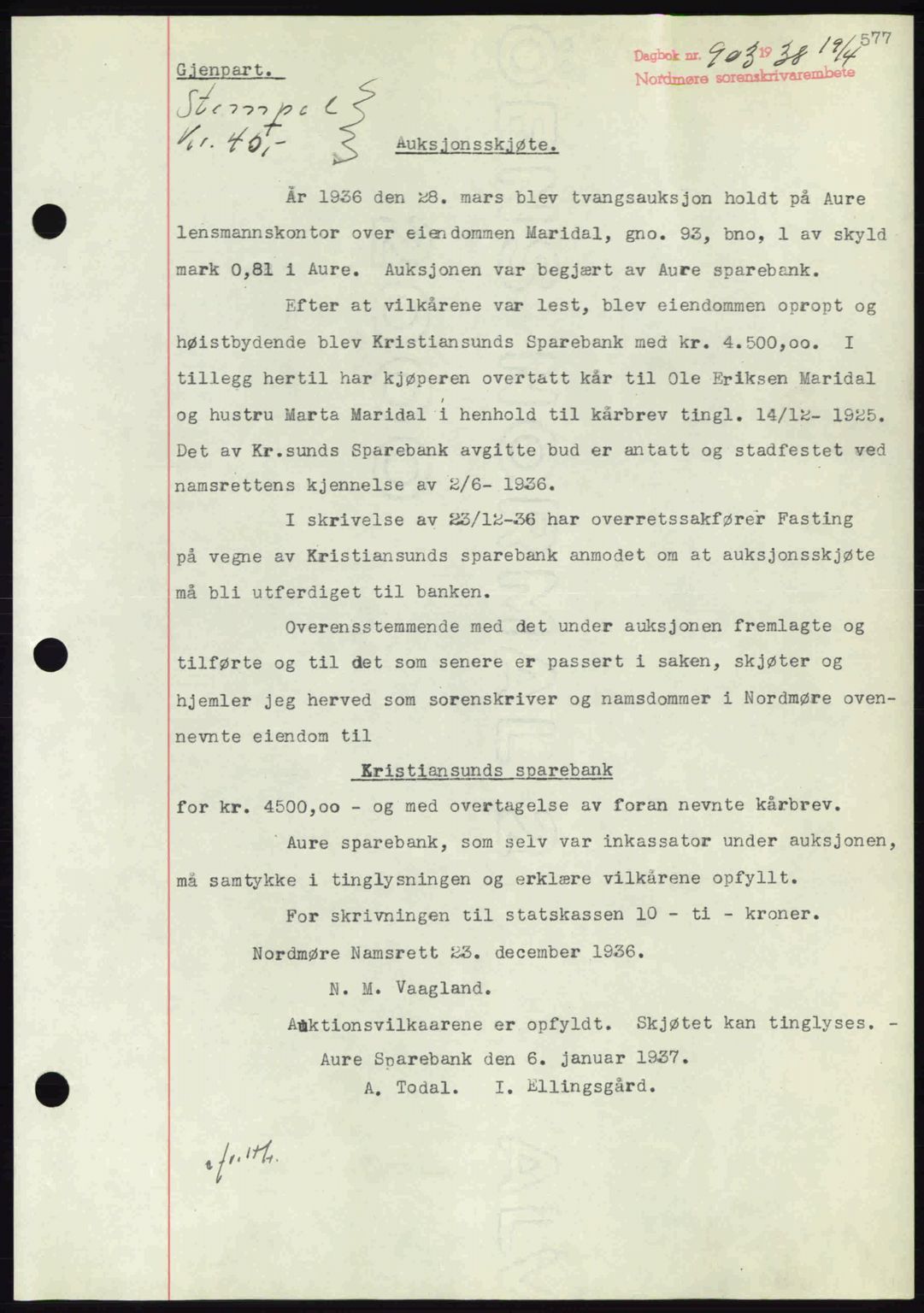 Nordmøre sorenskriveri, SAT/A-4132/1/2/2Ca: Pantebok nr. A83, 1938-1938, Dagboknr: 903/1938