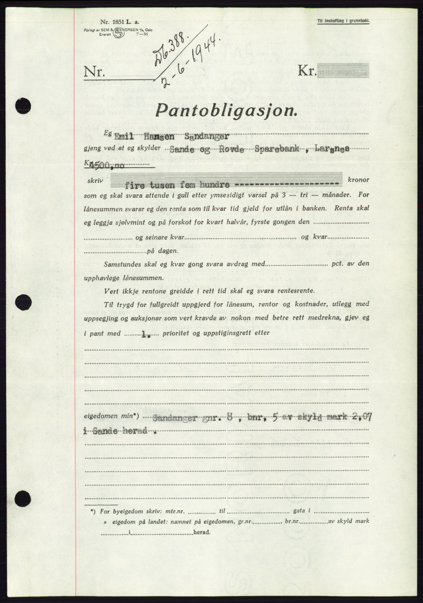 Søre Sunnmøre sorenskriveri, AV/SAT-A-4122/1/2/2C/L0114: Pantebok nr. 1-2B, 1943-1947, Dagboknr: 388/1944