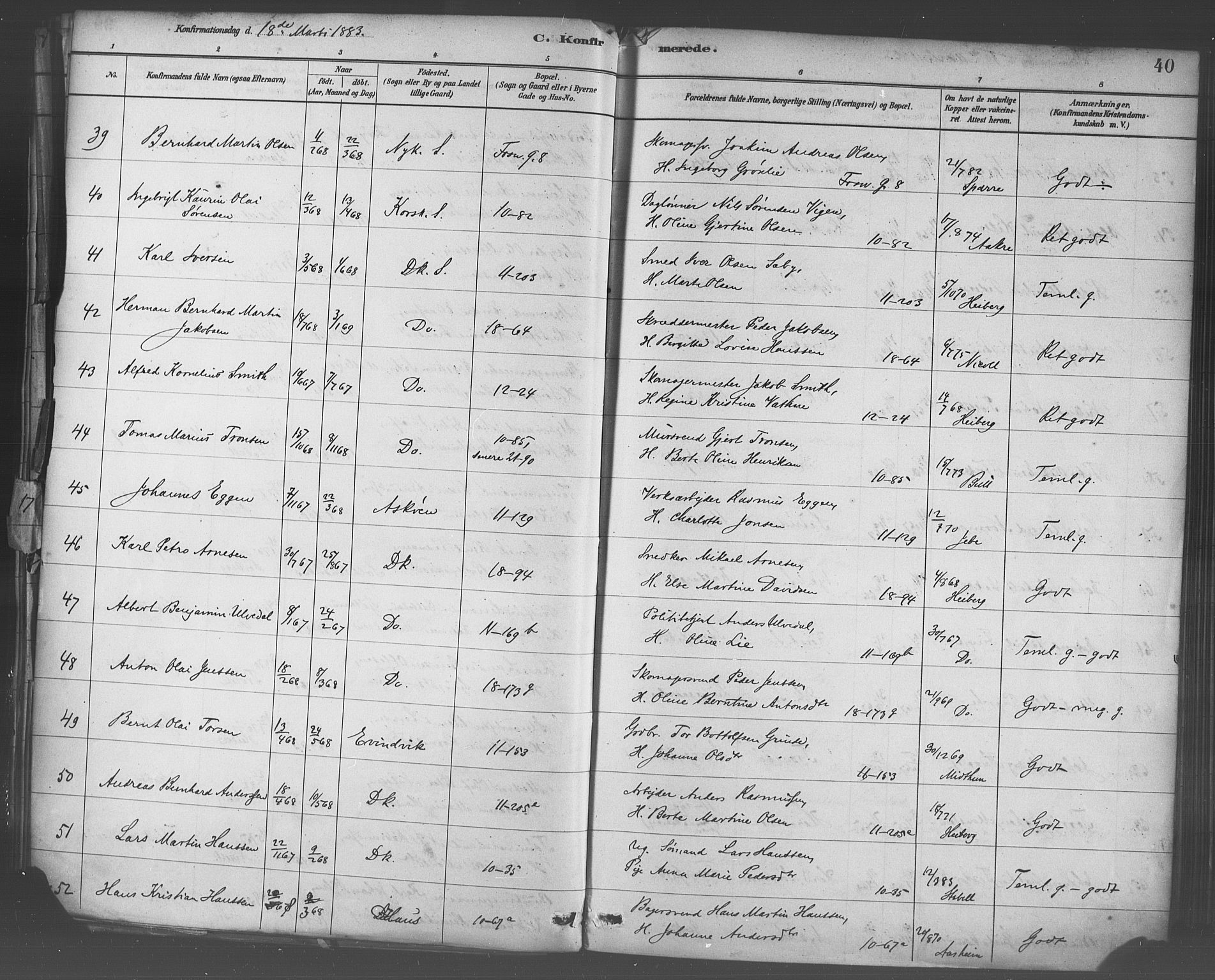 Domkirken sokneprestembete, AV/SAB-A-74801/H/Haa/L0030: Ministerialbok nr. C 5, 1880-1898, s. 40