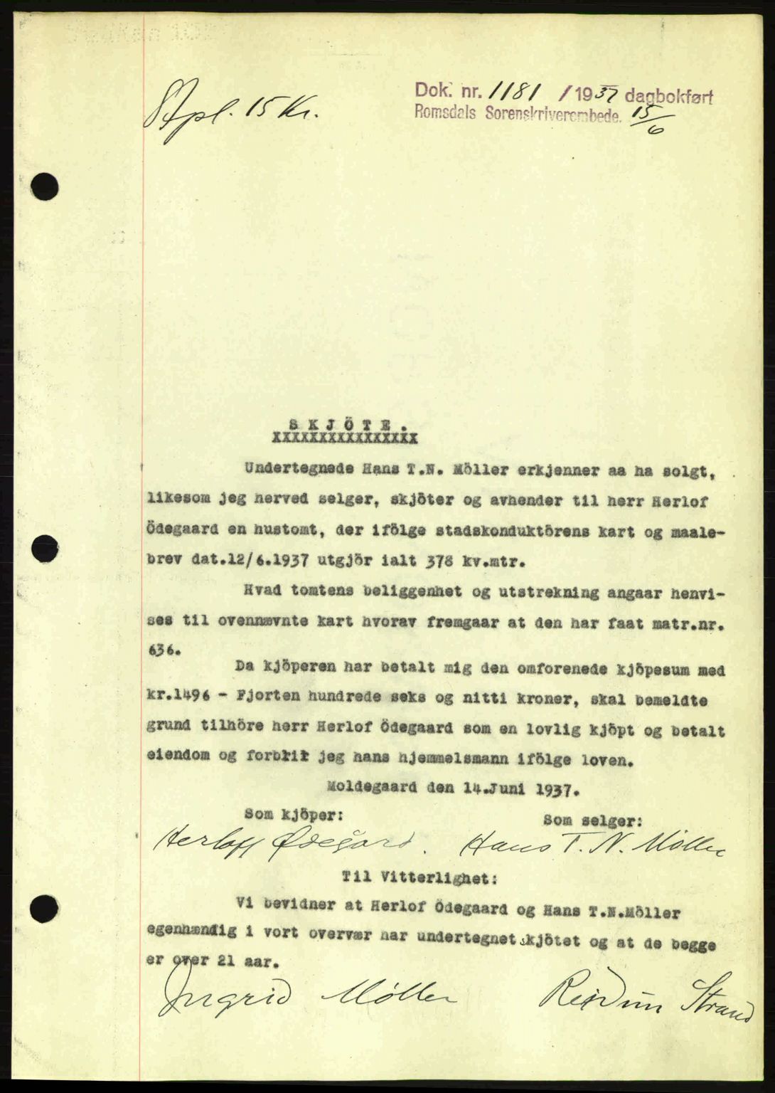 Romsdal sorenskriveri, SAT/A-4149/1/2/2C: Pantebok nr. A3, 1937-1937, Dagboknr: 1181/1937