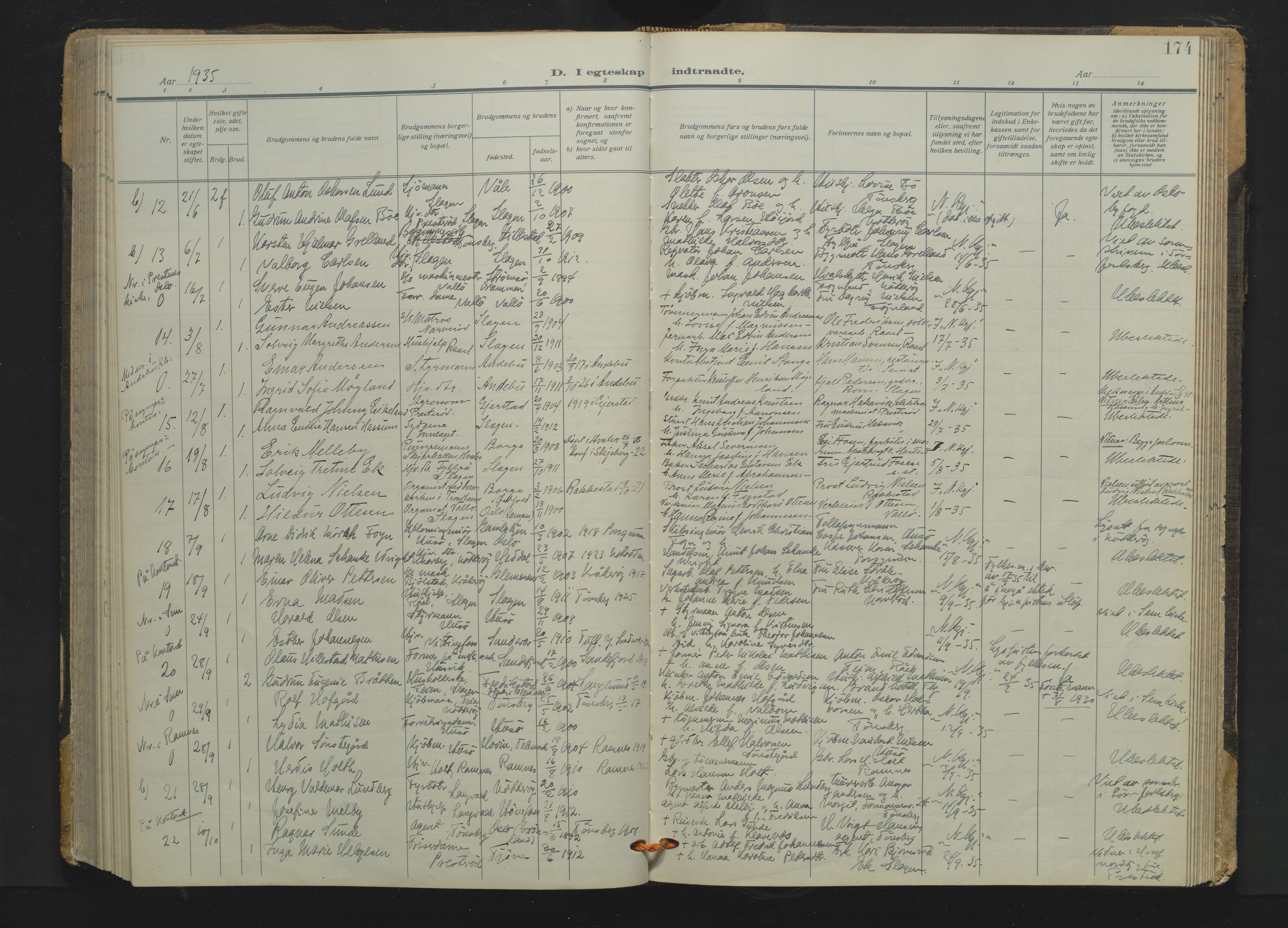 Søndre Slagen kirkebøker, AV/SAKO-A-326/F/Fa/L0001: Ministerialbok nr. 1, 1922-1935, s. 174