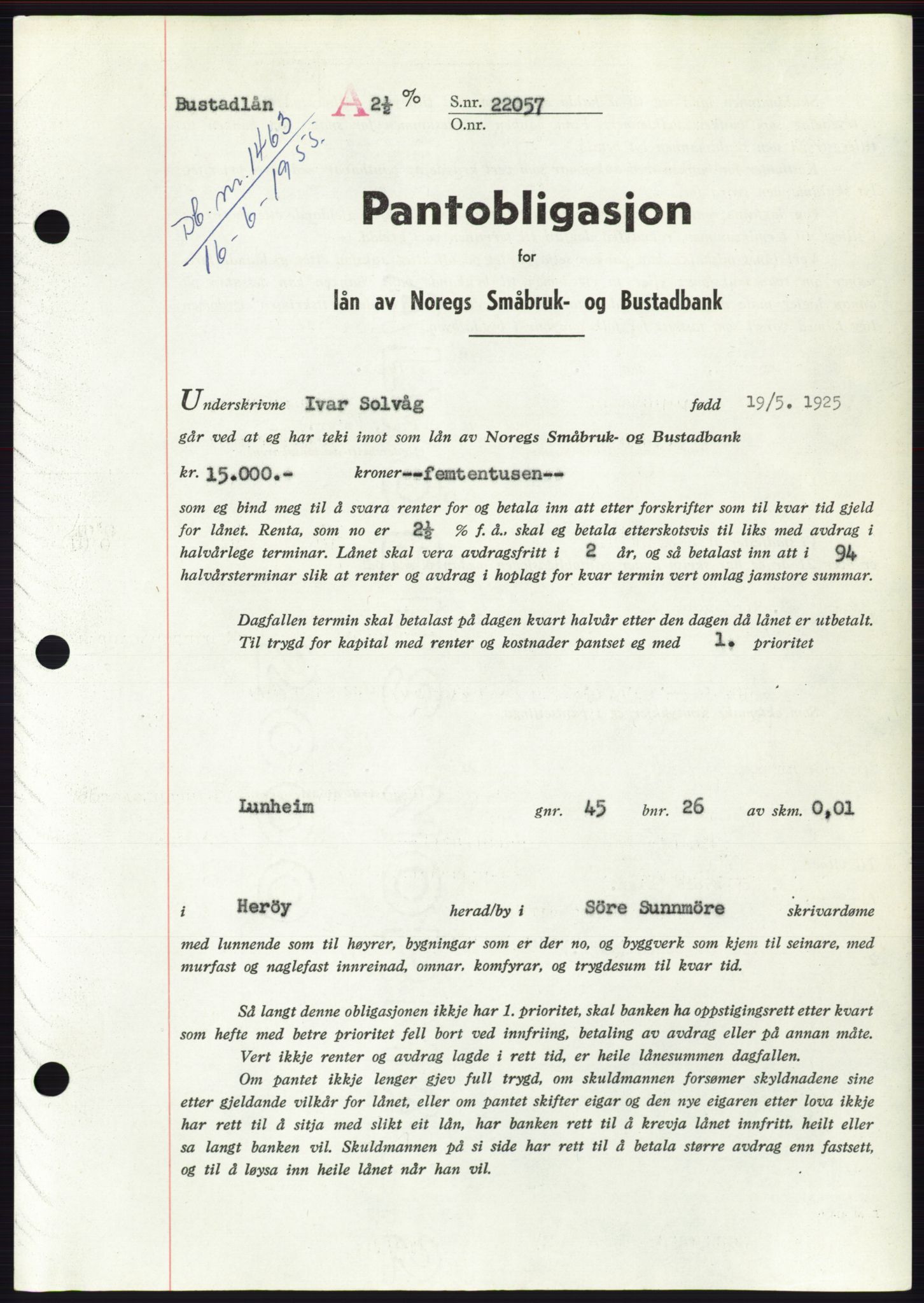 Søre Sunnmøre sorenskriveri, SAT/A-4122/1/2/2C/L0127: Pantebok nr. 15B, 1955-1955, Dagboknr: 1463/1955