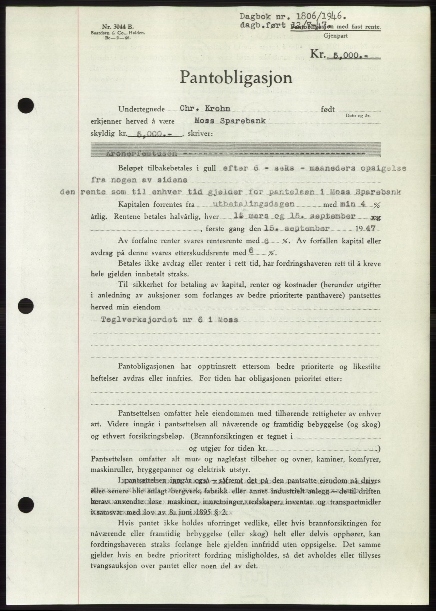 Moss sorenskriveri, SAO/A-10168: Pantebok nr. B17, 1947-1947, Dagboknr: 1806/1947