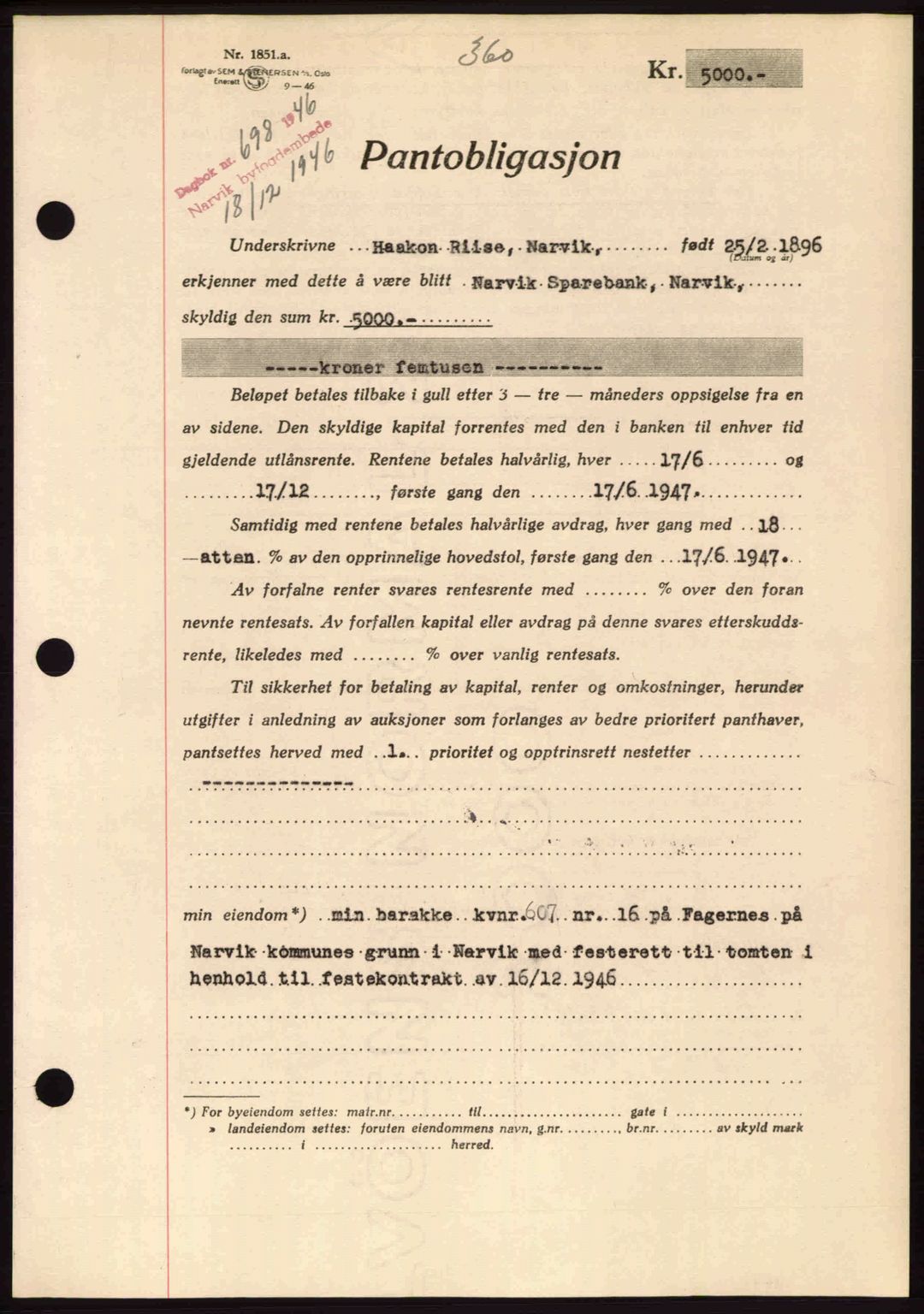 Narvik sorenskriveri, SAT/A-0002/1/2/2C/2Ca: Pantebok nr. A21, 1946-1947, Dagboknr: 698/1946