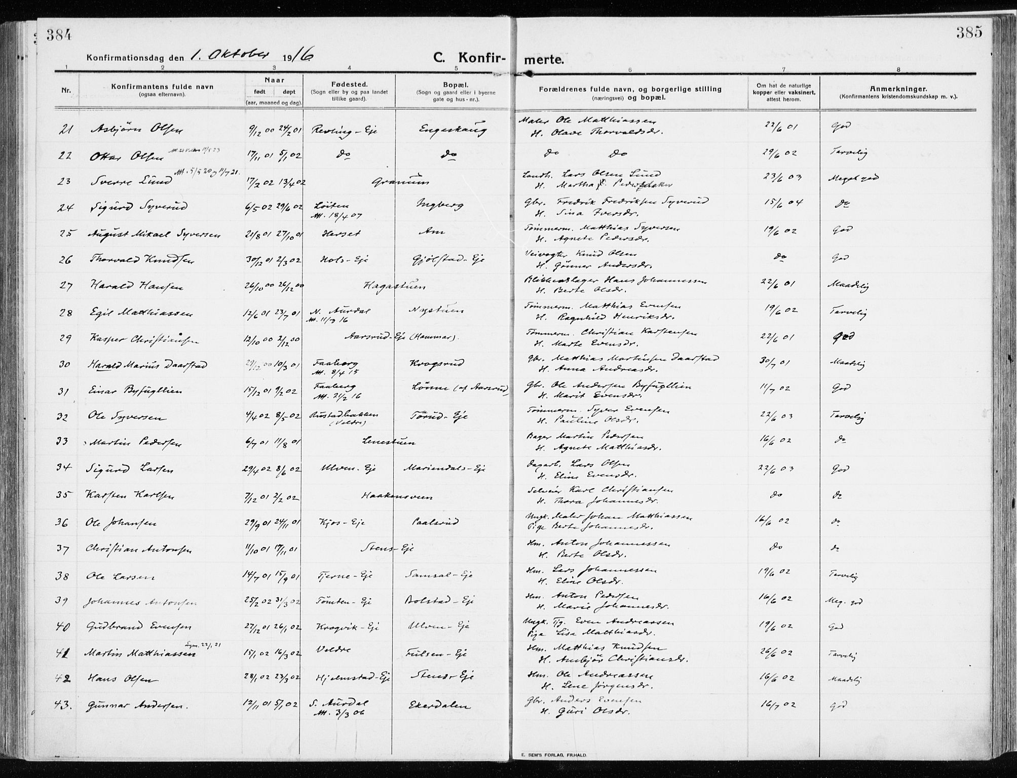 Ringsaker prestekontor, AV/SAH-PREST-014/K/Ka/L0020: Ministerialbok nr. 20, 1913-1922, s. 384-385