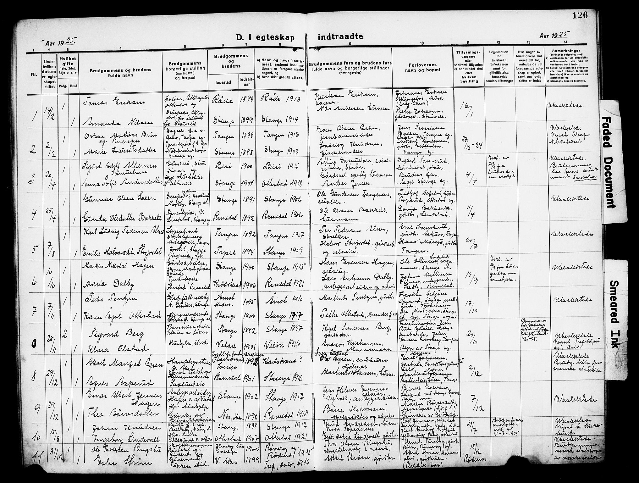 Stange prestekontor, AV/SAH-PREST-002/L/L0016: Klokkerbok nr. 16, 1918-1928, s. 126