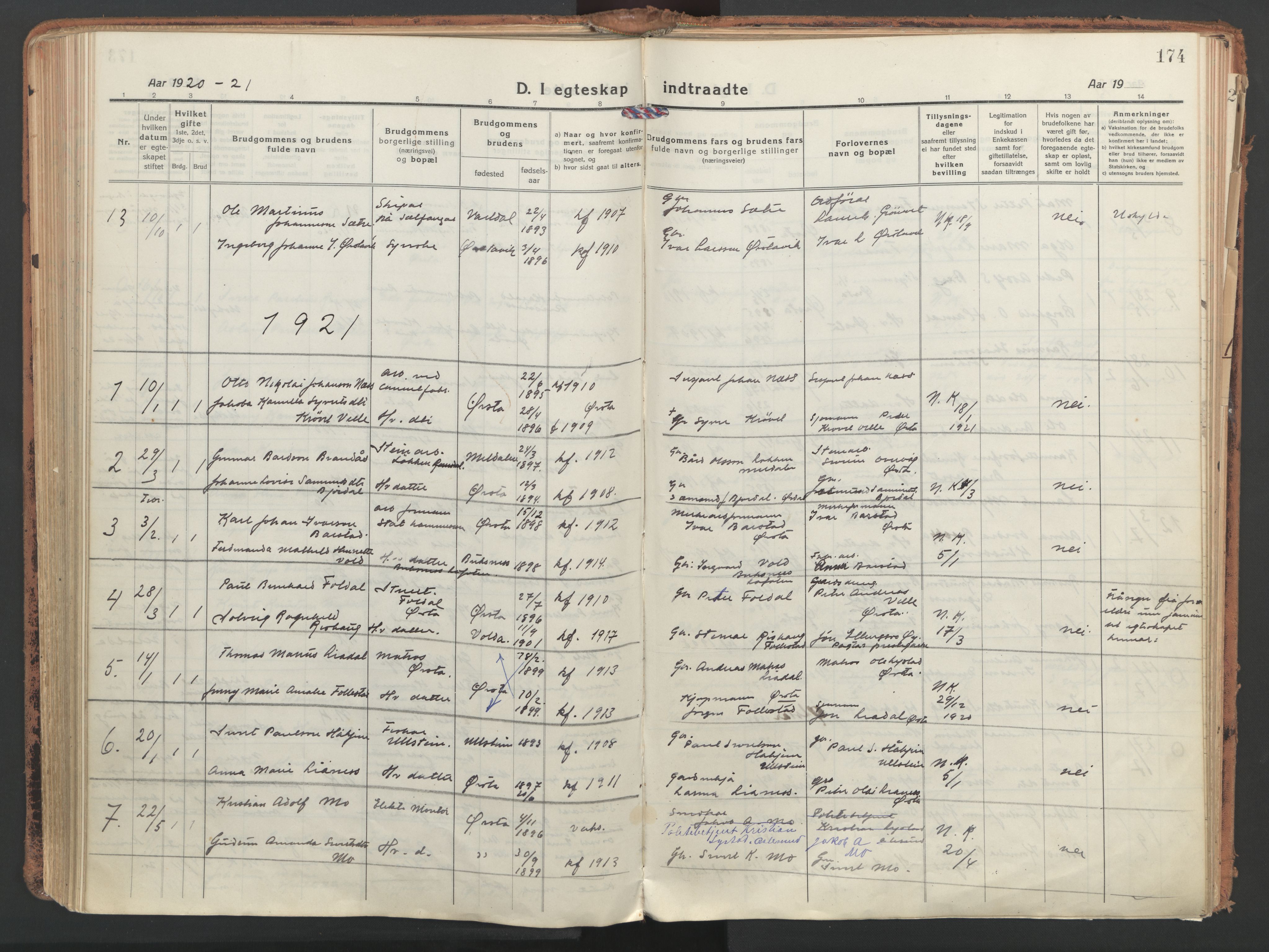 Ministerialprotokoller, klokkerbøker og fødselsregistre - Møre og Romsdal, AV/SAT-A-1454/513/L0180: Ministerialbok nr. 513A07, 1919-1929, s. 174