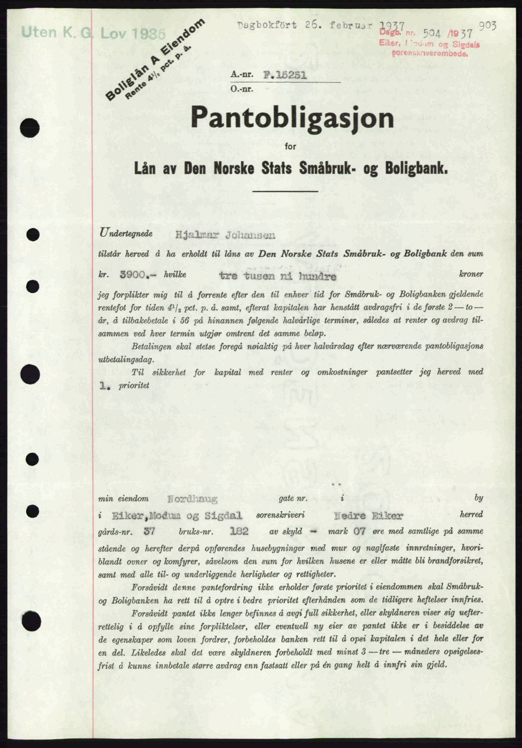 Eiker, Modum og Sigdal sorenskriveri, SAKO/A-123/G/Ga/Gab/L0034: Pantebok nr. A4, 1936-1937, Dagboknr: 504/1937
