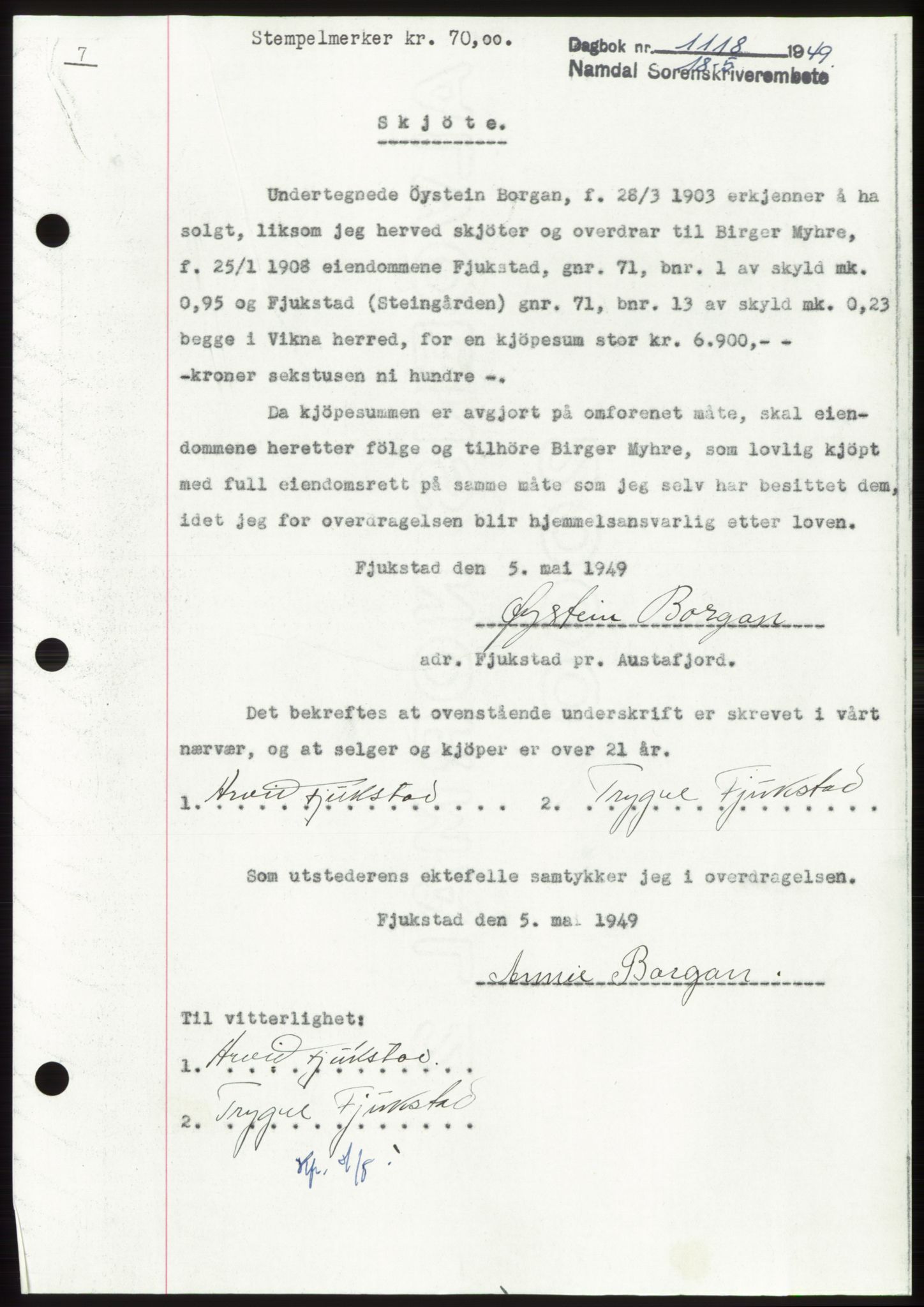 Namdal sorenskriveri, SAT/A-4133/1/2/2C: Pantebok nr. -, 1949-1949, Dagboknr: 1118/1949