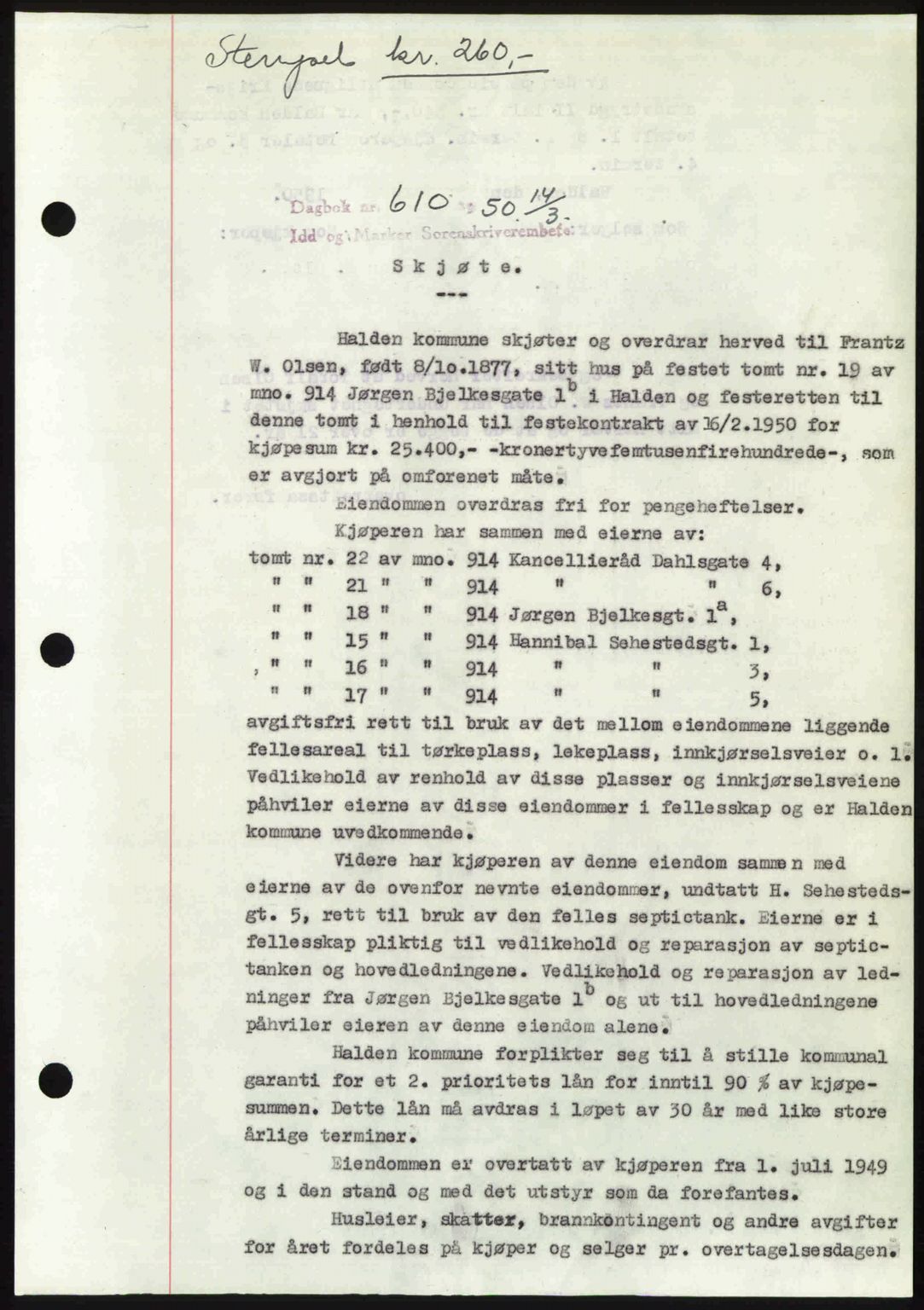 Idd og Marker sorenskriveri, AV/SAO-A-10283/G/Gb/Gbb/L0014: Pantebok nr. A14, 1950-1950, Dagboknr: 610/1950