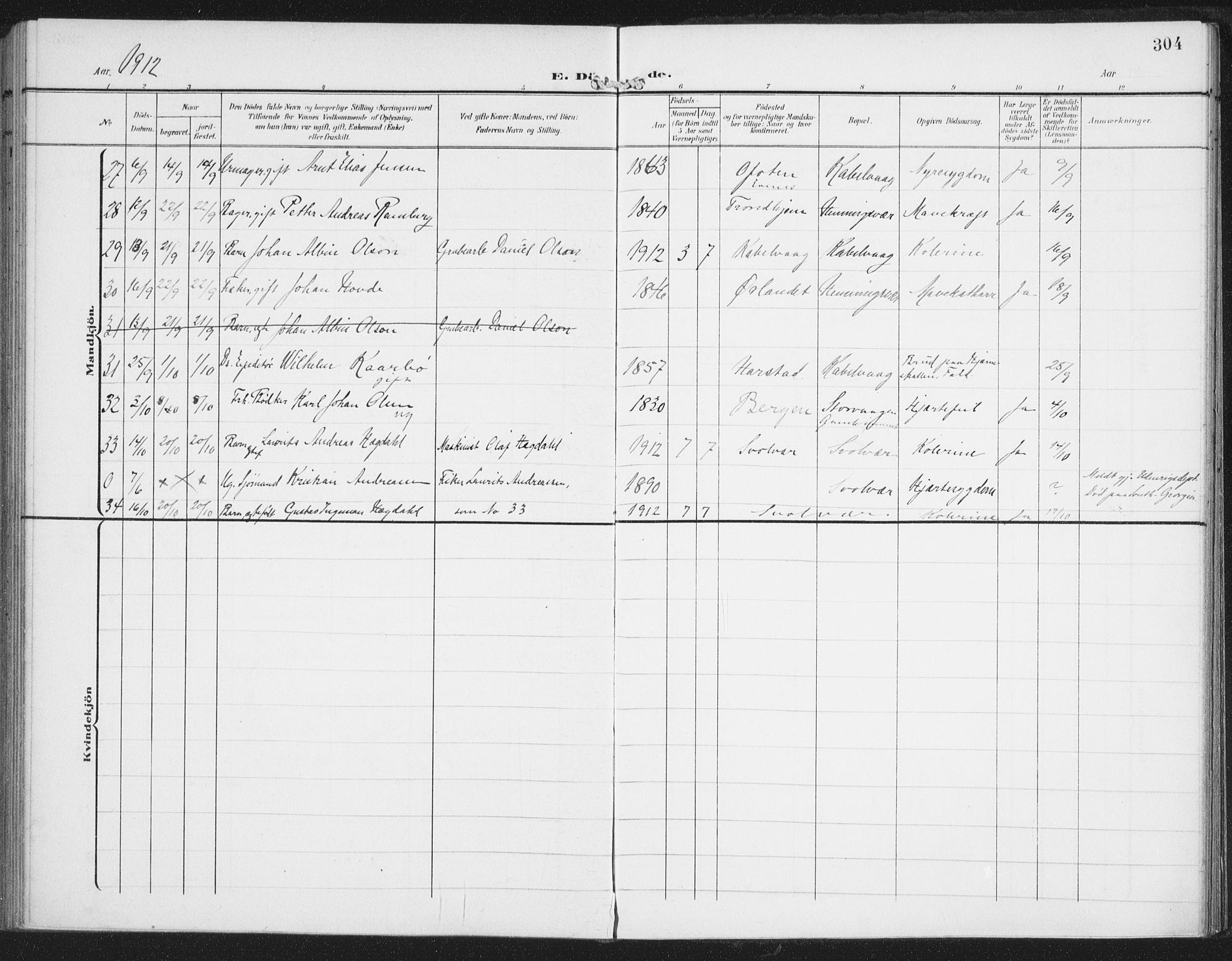 Ministerialprotokoller, klokkerbøker og fødselsregistre - Nordland, AV/SAT-A-1459/874/L1063: Ministerialbok nr. 874A07, 1907-1915, s. 304