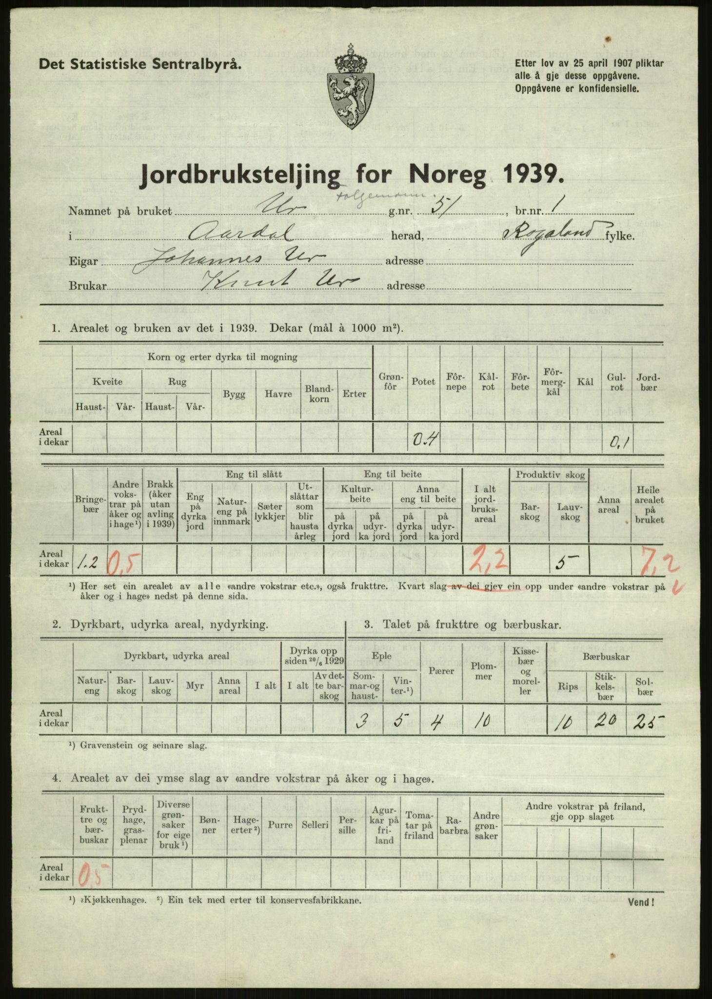 Statistisk sentralbyrå, Næringsøkonomiske emner, Jordbruk, skogbruk, jakt, fiske og fangst, AV/RA-S-2234/G/Gb/L0184: Rogaland: Årdal, Fister og Hjelmeland, 1939, s. 457