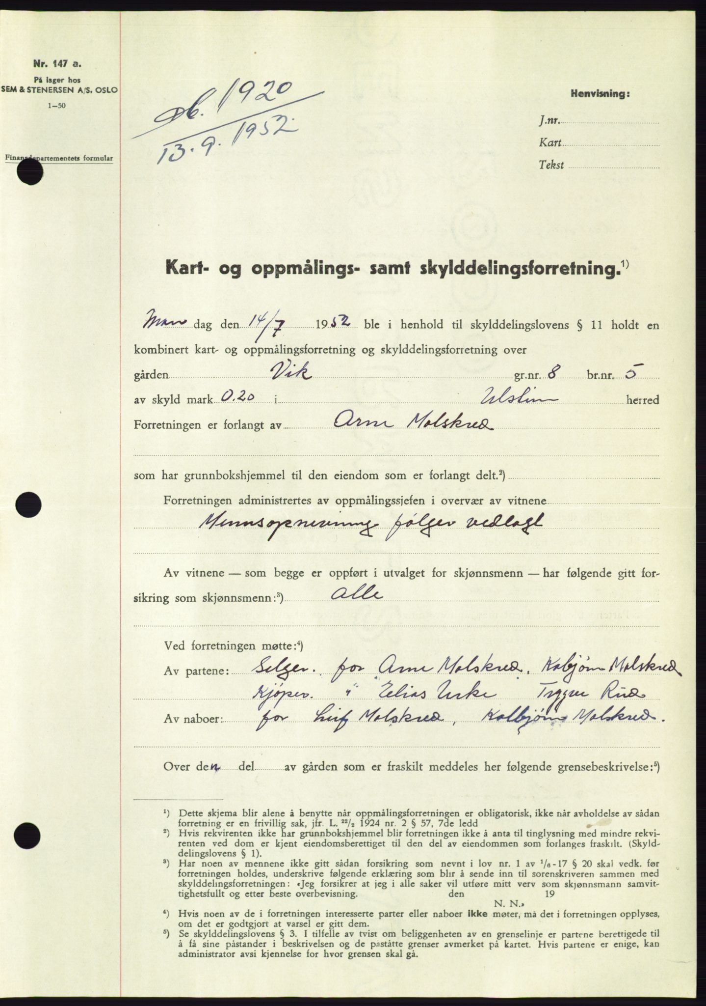 Søre Sunnmøre sorenskriveri, SAT/A-4122/1/2/2C/L0093: Pantebok nr. 19A, 1952-1953, Dagboknr: 1920/1952