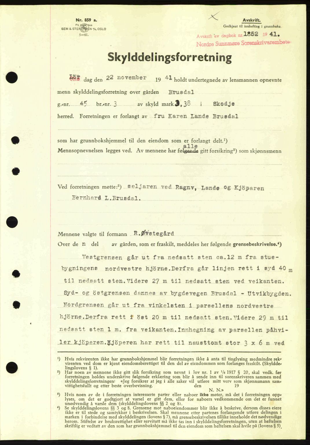 Nordre Sunnmøre sorenskriveri, AV/SAT-A-0006/1/2/2C/2Ca: Pantebok nr. A12, 1941-1942, Dagboknr: 1851/1941