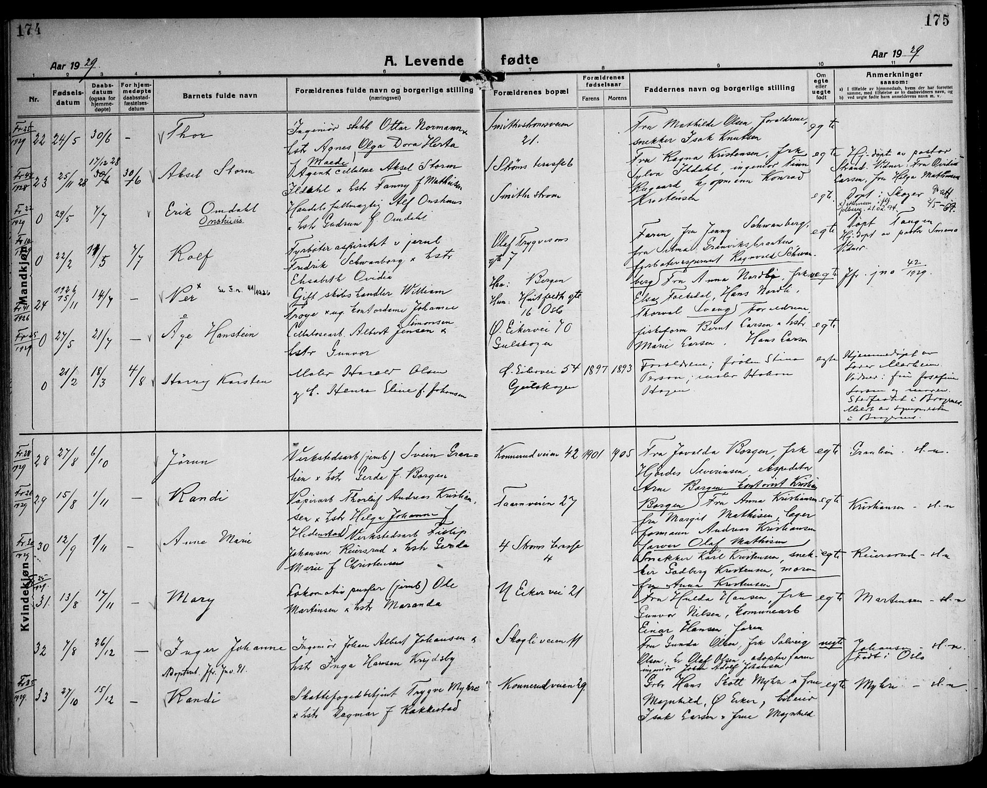 Strømsgodset kirkebøker, AV/SAKO-A-324/F/Fa/L0003: Ministerialbok nr. 3, 1920-1936, s. 174-175