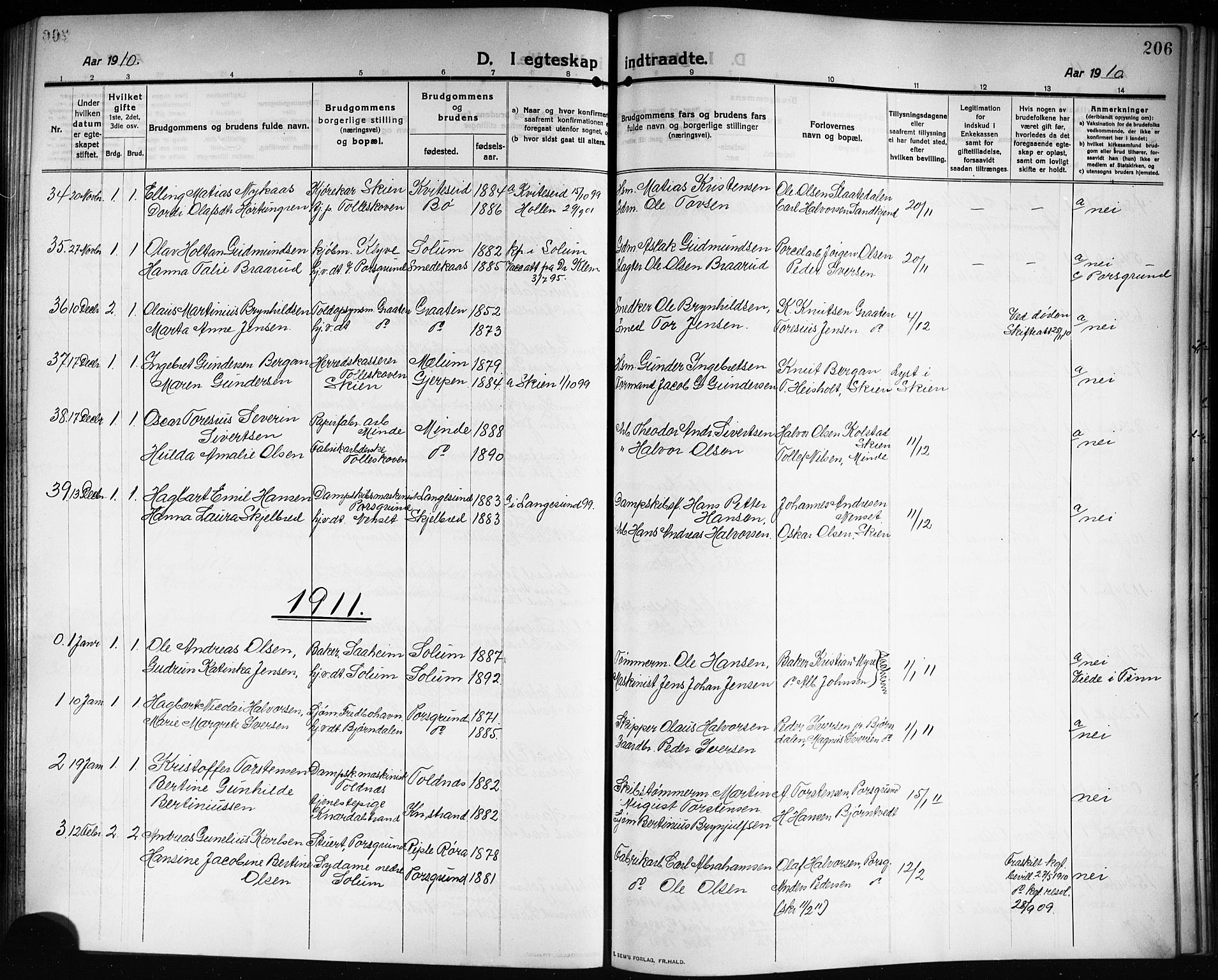 Solum kirkebøker, AV/SAKO-A-306/G/Ga/L0009: Klokkerbok nr. I 9, 1909-1922, s. 206