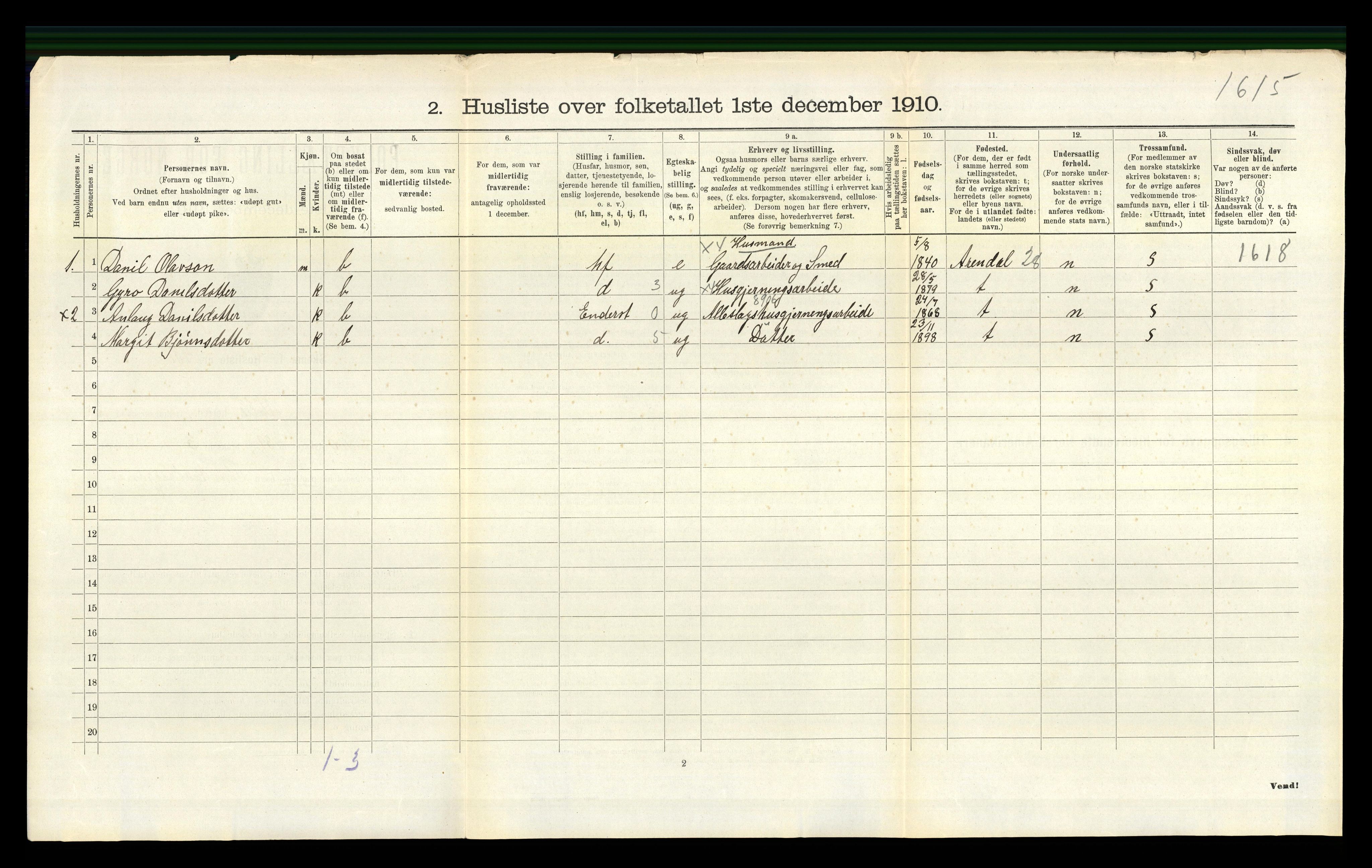 RA, Folketelling 1910 for 0940 Valle herred, 1910, s. 216