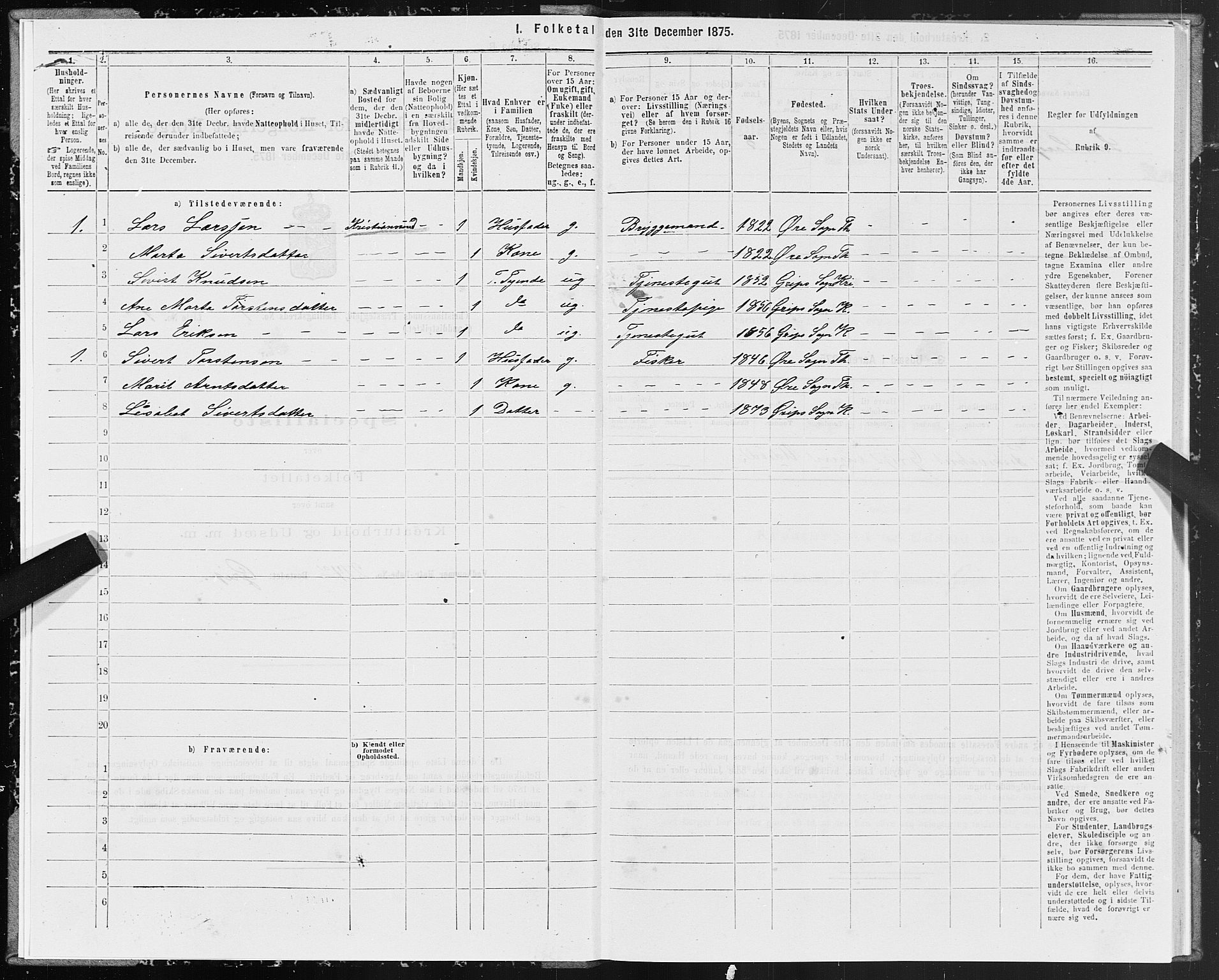 SAT, Folketelling 1875 for 1556L Kristiansund prestegjeld, Frei sokn og Grip sokn, 1875