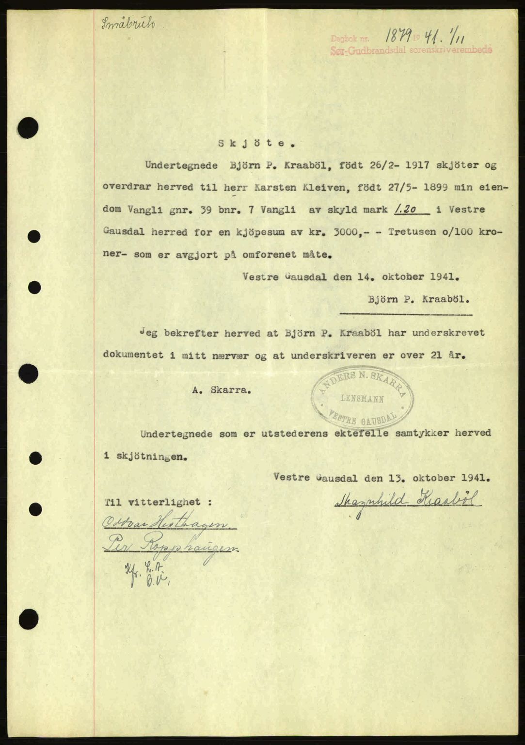 Sør-Gudbrandsdal tingrett, SAH/TING-004/H/Hb/Hbd/L0009: Pantebok nr. A9, 1941-1941, Dagboknr: 1879/1941