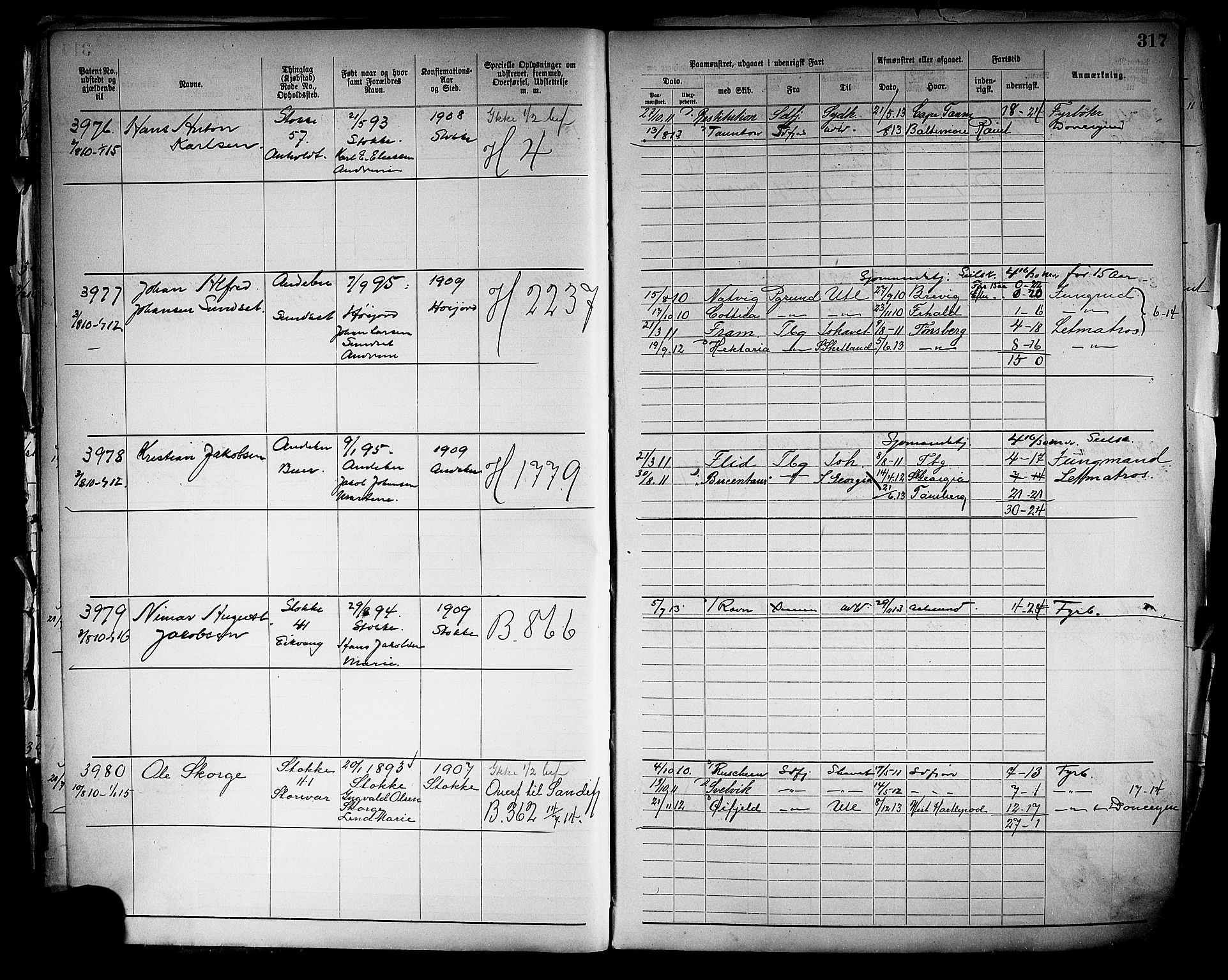 Tønsberg innrulleringskontor, SAKO/A-786/F/Fb/L0005: Annotasjonsrulle Patent nr. 2401-4080, 1904-1910, s. 318