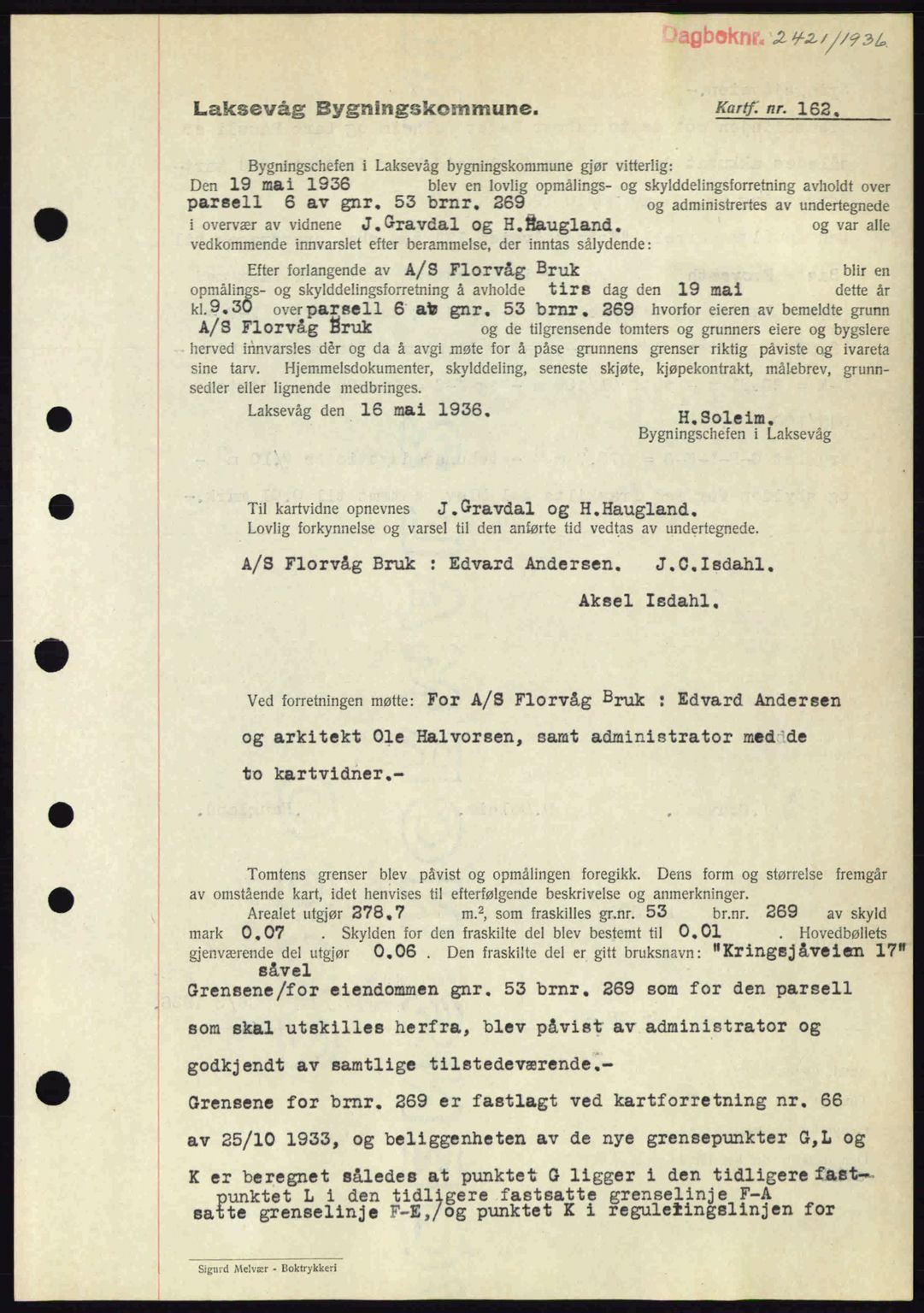 Midhordland sorenskriveri, SAB/A-3001/1/G/Gb/Gbk/L0001: Pantebok nr. A1-6, 1936-1937, Dagboknr: 2421/1936