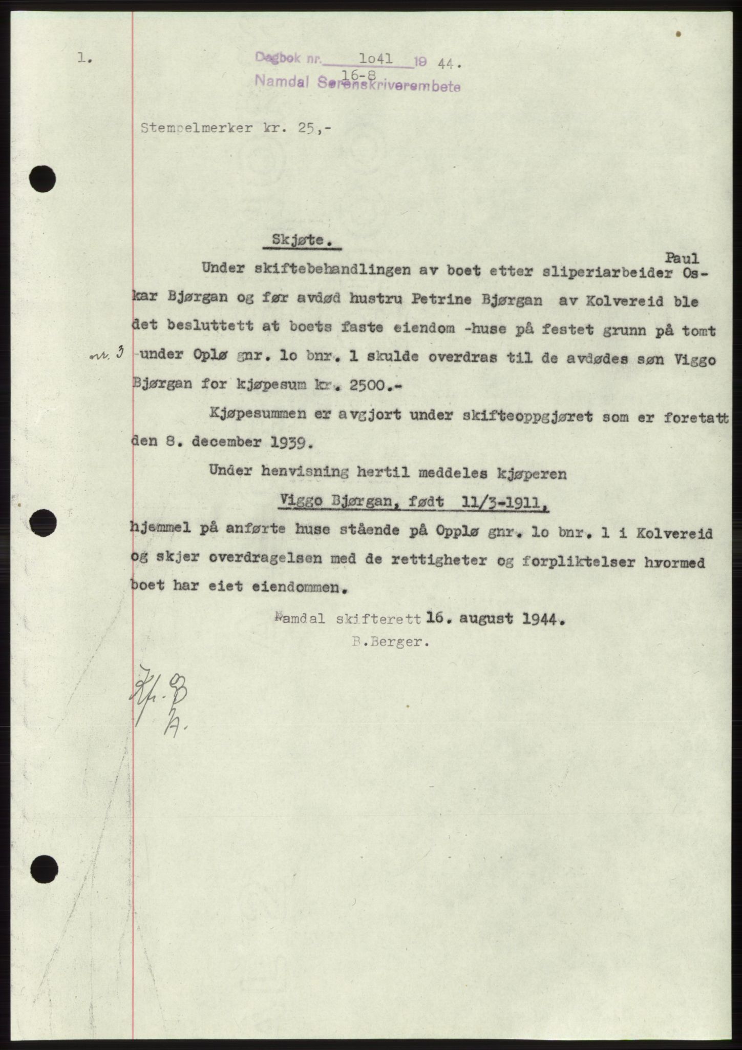 Namdal sorenskriveri, SAT/A-4133/1/2/2C: Pantebok nr. -, 1944-1945, Dagboknr: 1041/1944
